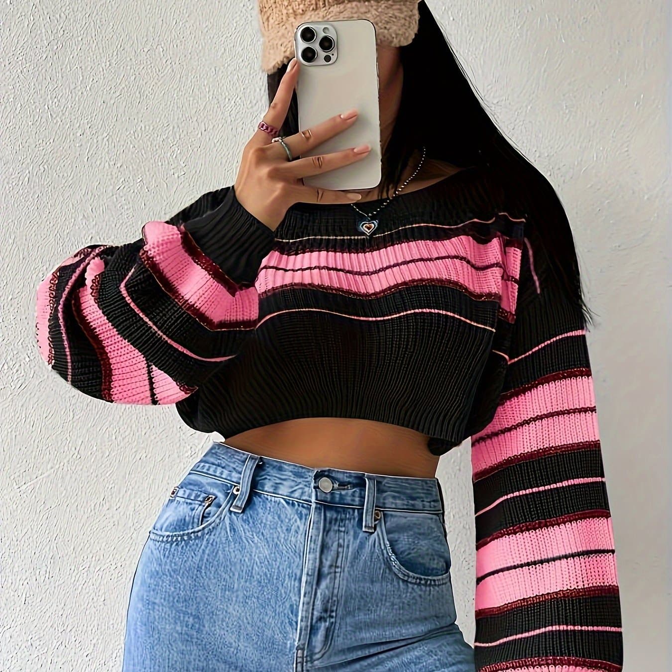 TEMU Women's Long-sleeved Striped Sweater, Perfect For Spring And Fall, Featuring A Sweet And Spicy Design, Ideal For A Casual Look