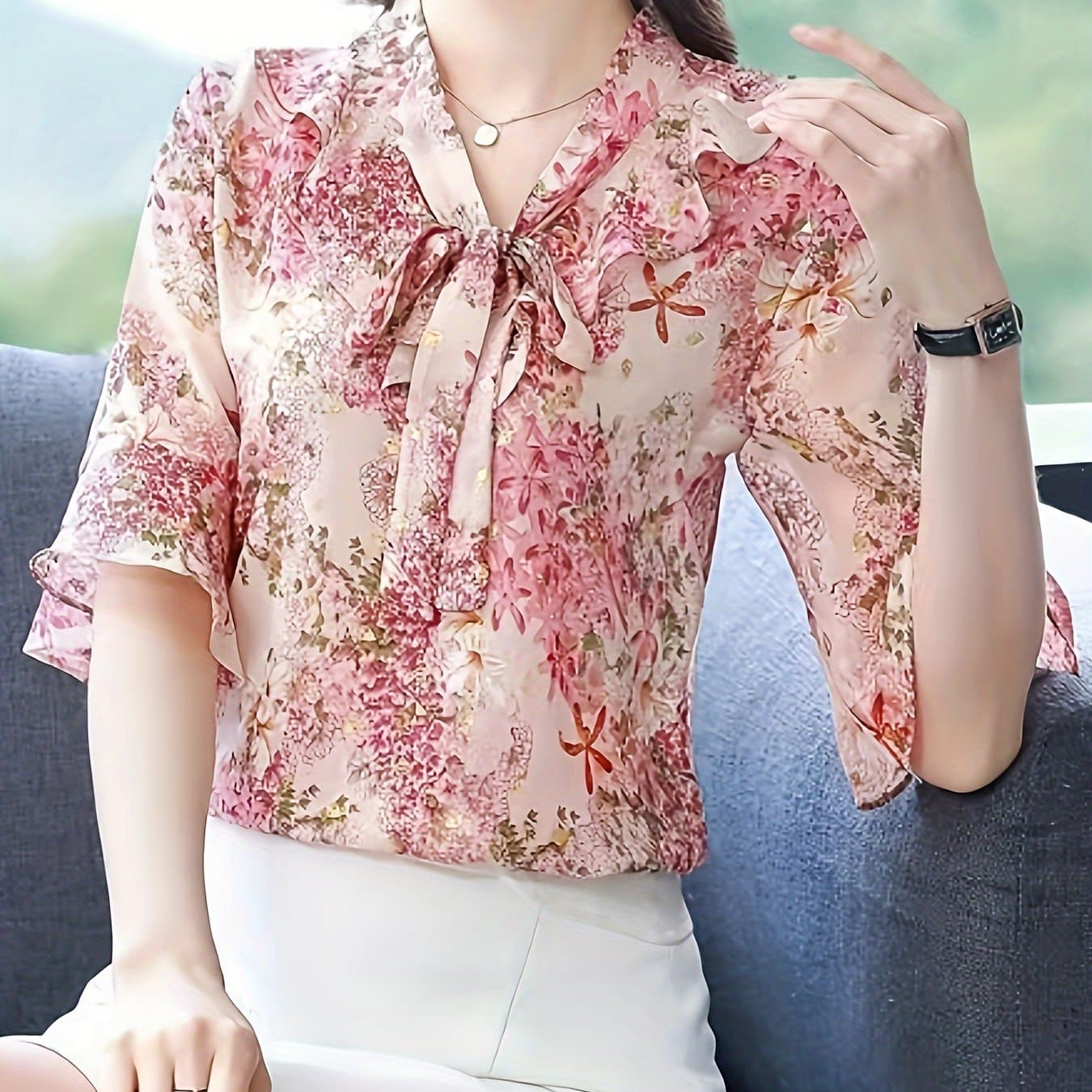 TEMU Women's Floral Print V-neck Blouse - Lightweight Semi-sheer Summer Top With Ruffle Cuffs, Machine Washable Elegant Shirt For Casual & Formal Wear, Floral Print Blouse
