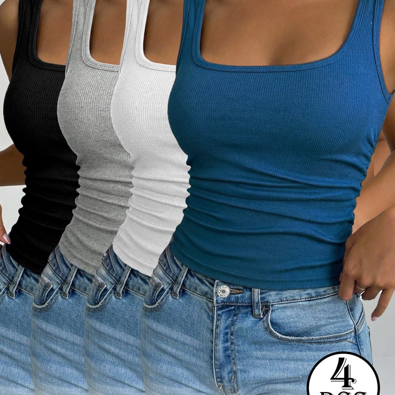 TEMU 4pcs Beautiful Back Threaded Vest | Women's Fitted Solid Color Crew Neck Sleeveless Pullover Bottoming Shirt For Spring And Autumn, High Stretch Fabric, Casual Wear