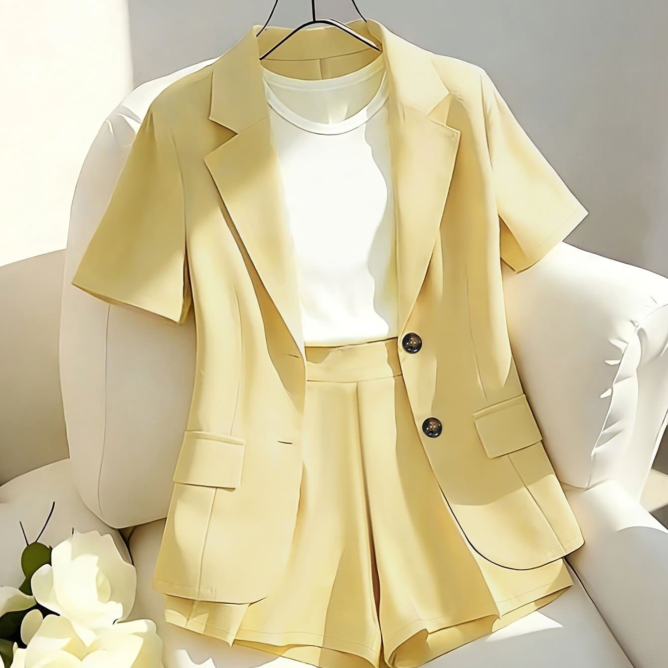 TEMU Elegant Casual Commuter Suit Set, Includes Solid Color Short-sleeve Blazer And Shorts/wide-leg Pants, Women's Spring/summer Style