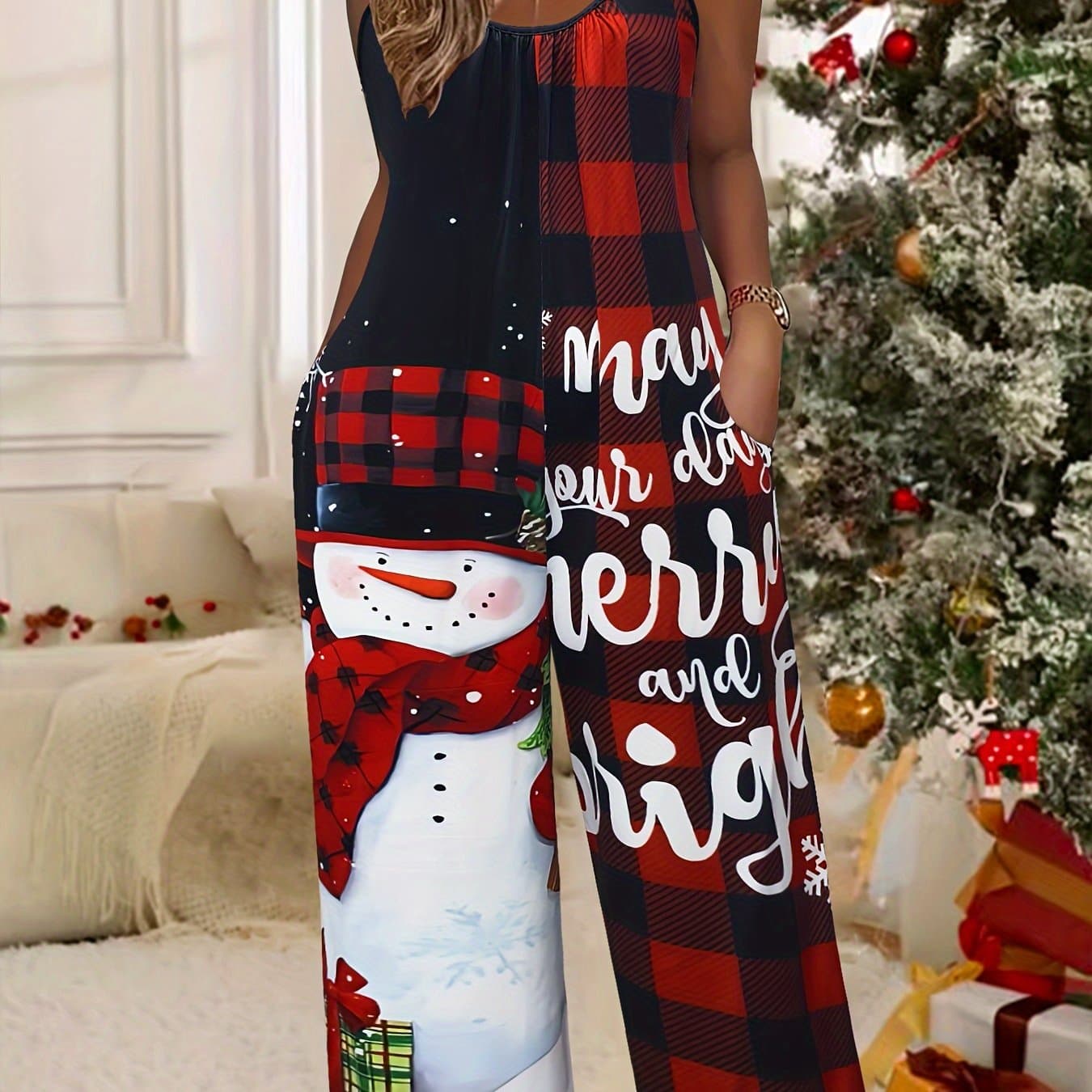 TEMU Women's Stylish Christmas Printed Jumpsuit With A Round Neck, Pleated Pockets, Casual Wide-leg Design, And Long Pants