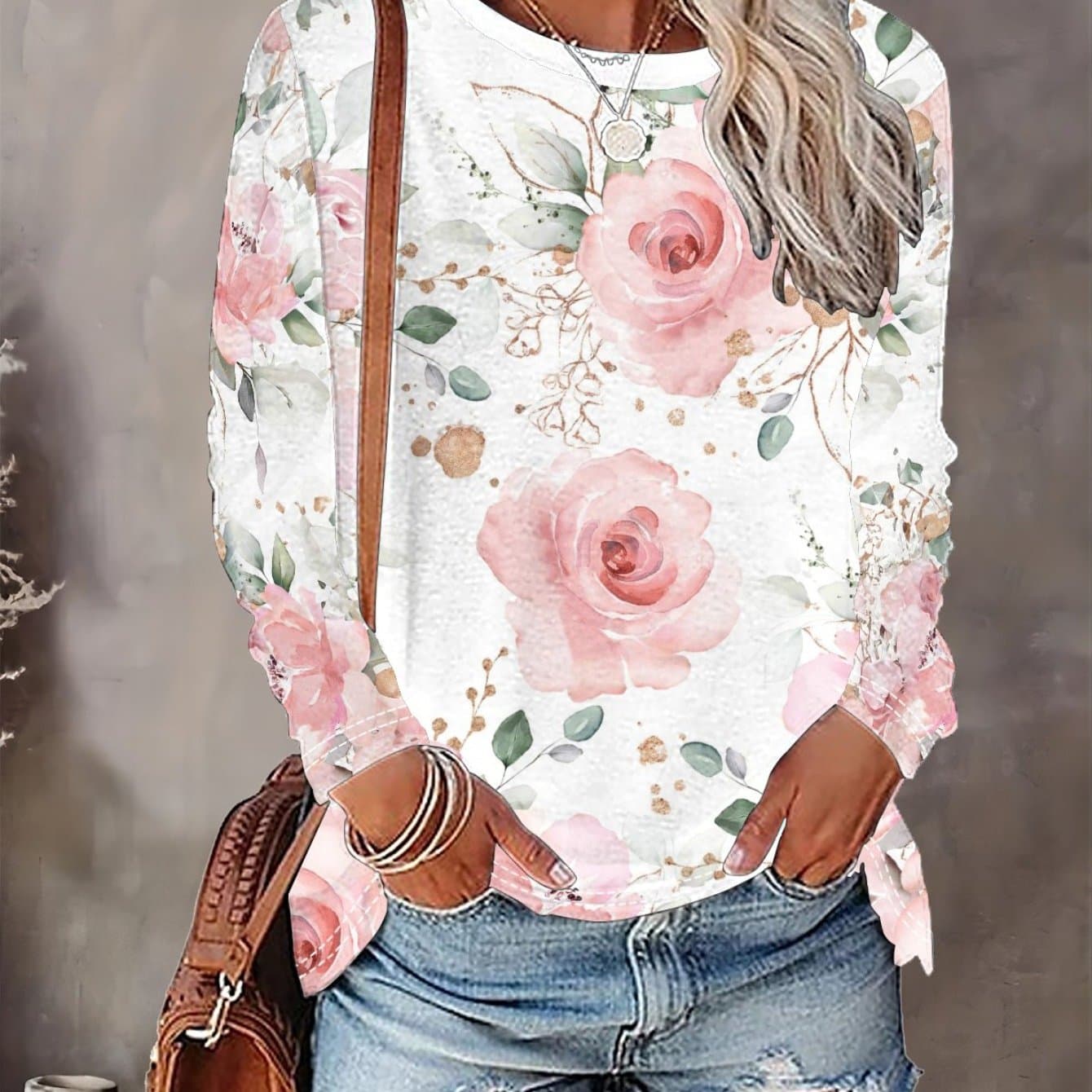 TEMU Women's Floral 3d All- Long Sleeve Crew Neck T-shirt - Casual Top For Spring & Fall, Machine Washable, Apparel, Relaxed Fit Tee, Medium Shirt