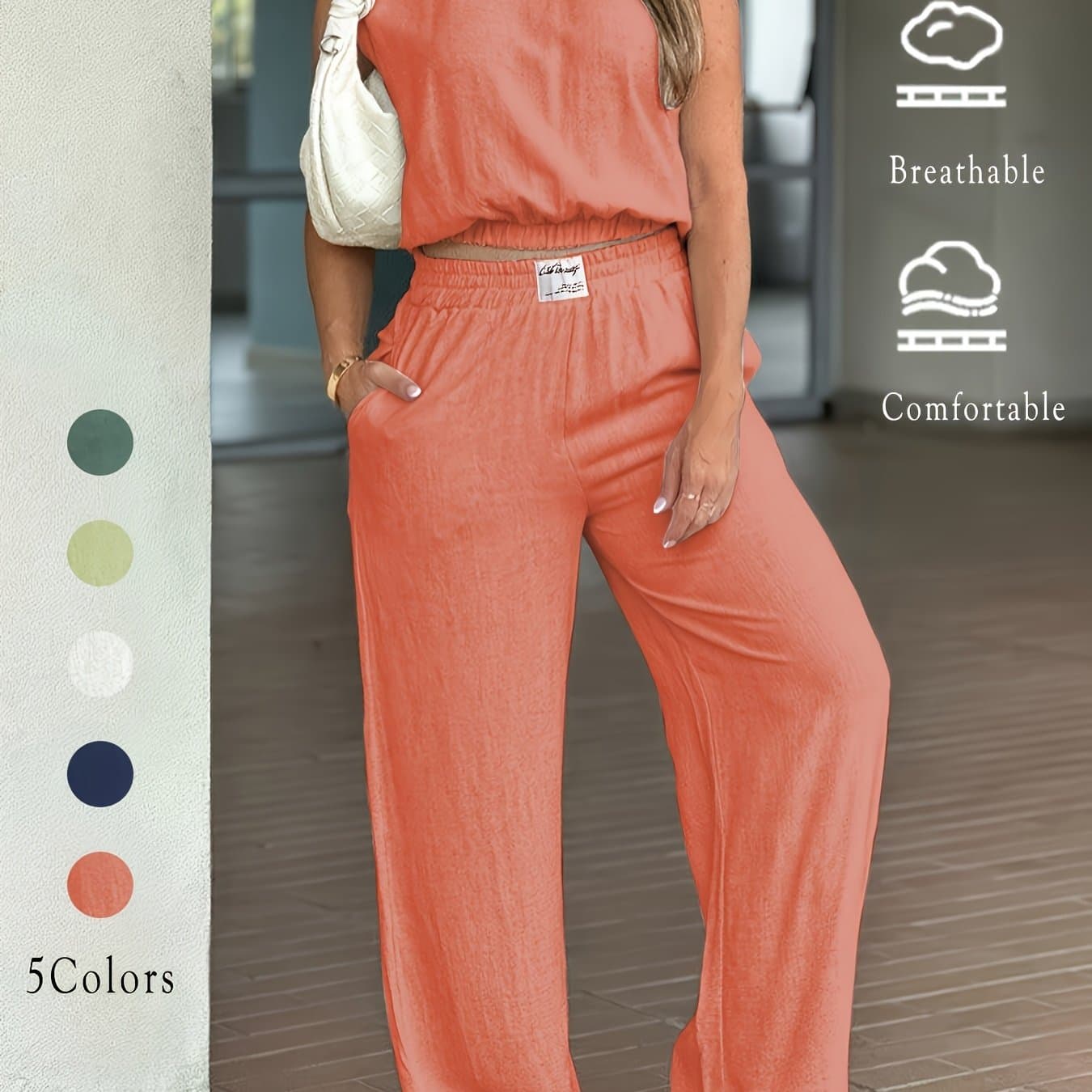 TEMU Women' Color Loose Sleeveless Round Neck Wide Leg Pants Set 2pcs, Spring/summer Casual Vibrant Cow Color Elastic Waist Straight Pants Set, Summer Comfortable Non-formal Clothing Set