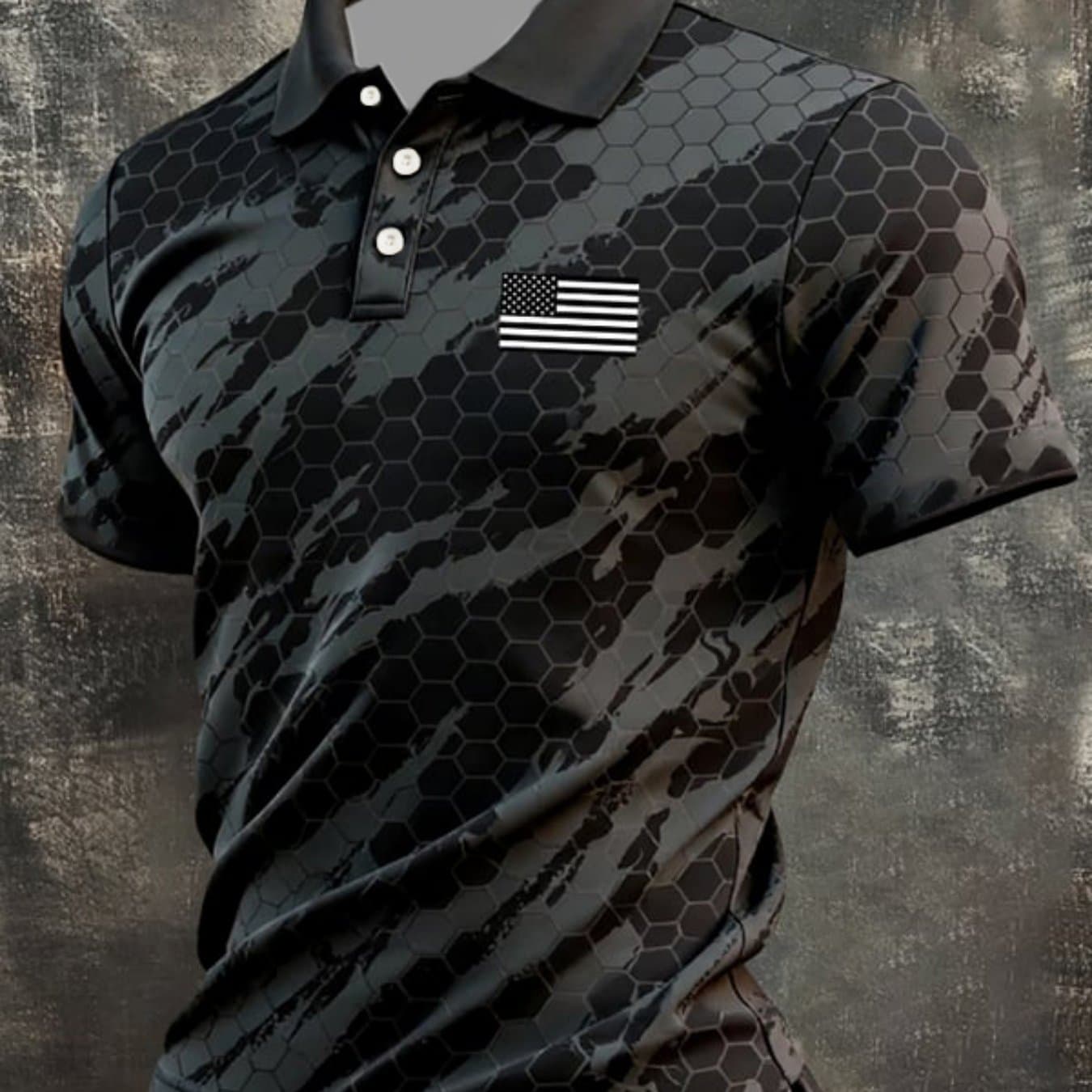 TEMU 250th Anniversary Themed Short Sleeved Shirt, Men's Black Gray Honeycomb Camouflage Shirt, American Flag Printed Tactical Style Casual Quick Drying Lapel Short Sleeved Shirt