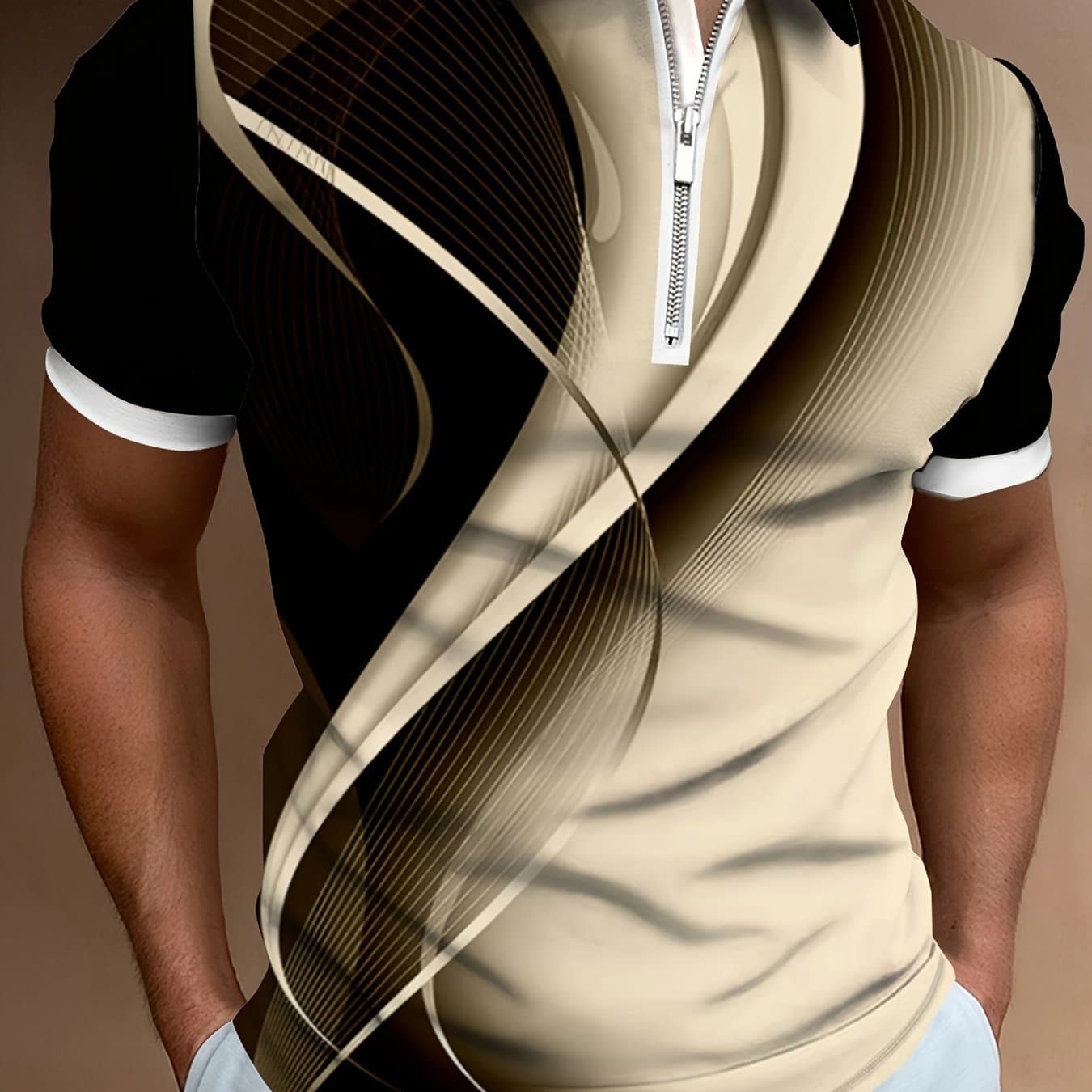 TEMU Geometric 3d Men's Chic Short Sleeve Zipper Lapel Shirt, Summer Streetwear For Men