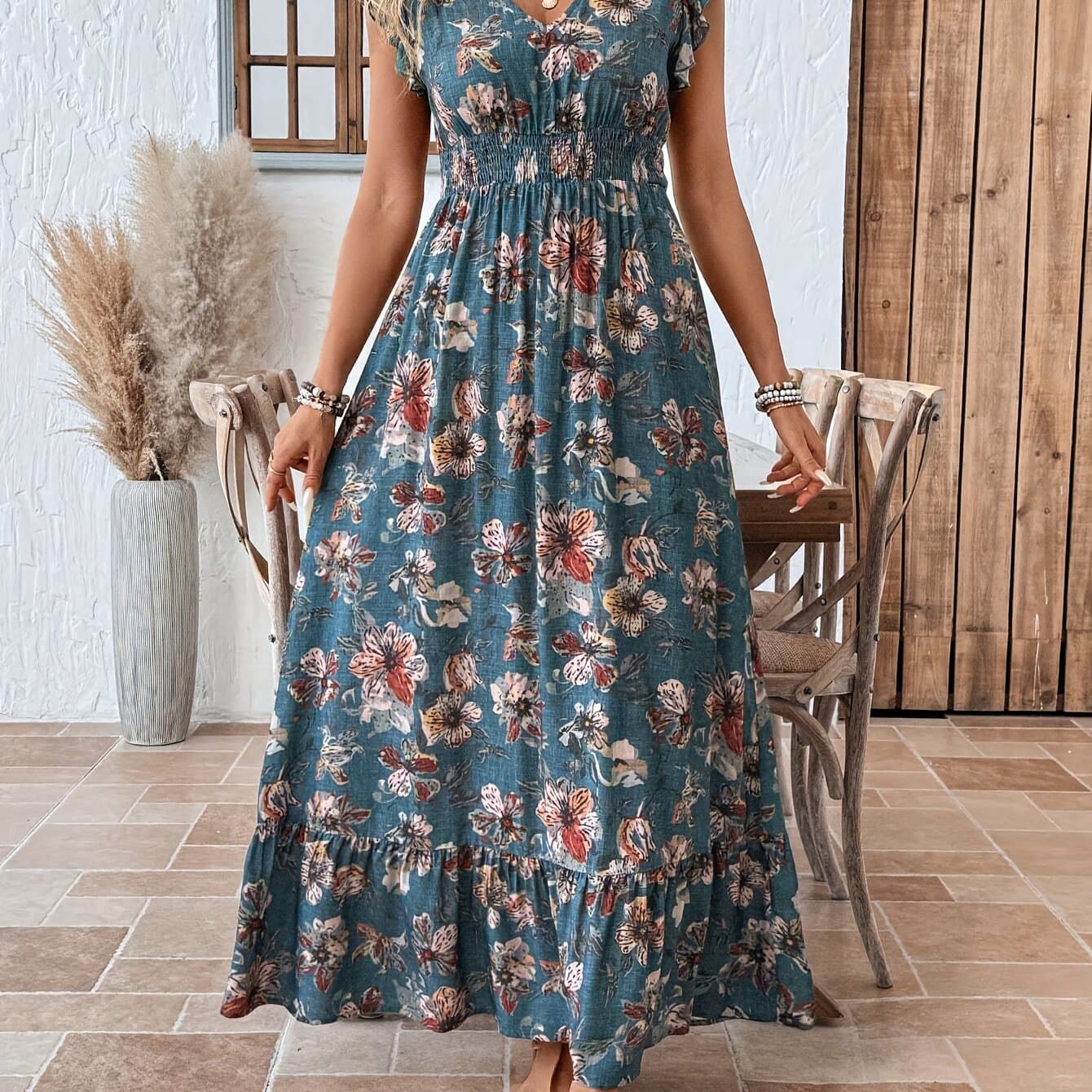 TEMU Spring/summer New Arrival: European And Trend Women's Floral Print V-neck Short Sleeve Wrap Dress For Vacation And Leisure