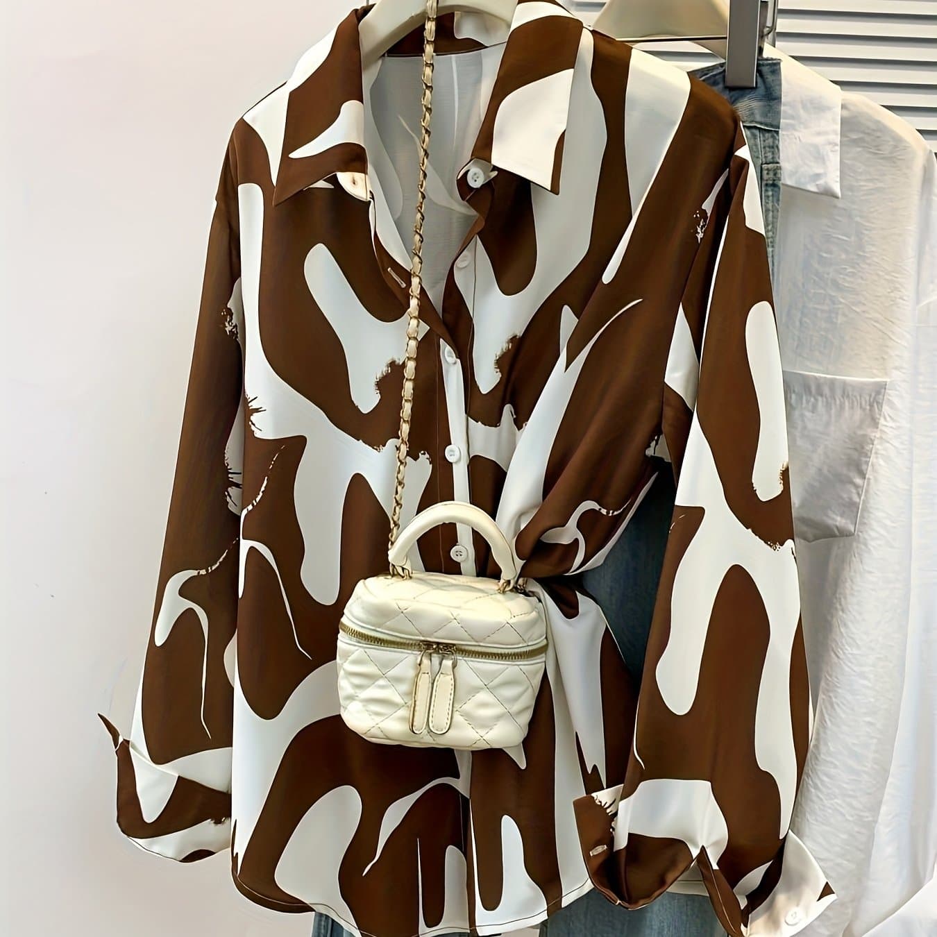 TEMU Women's Elegant Cow Print Button- Shirt - Collar Long Sleeve Blouse, Single-breasted Button Front, Machine Washable Top For Professional & Casual Wear