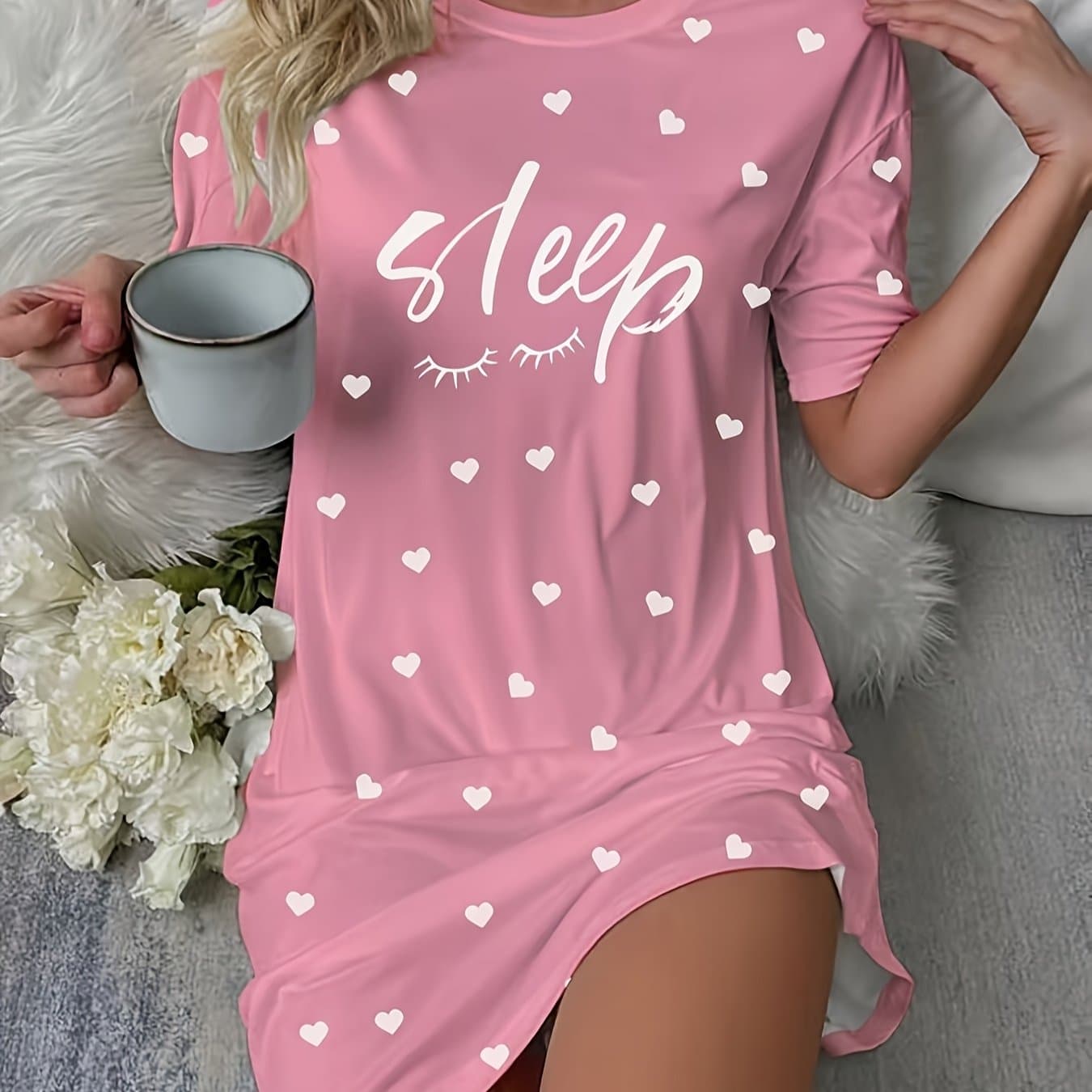 TEMU Ladies "sleep" Slogan Eyelash Pajamas - Comfortable Short Sleeve Crew Neck T-shirt Dress With Heart , Pajamas, Machine Washable