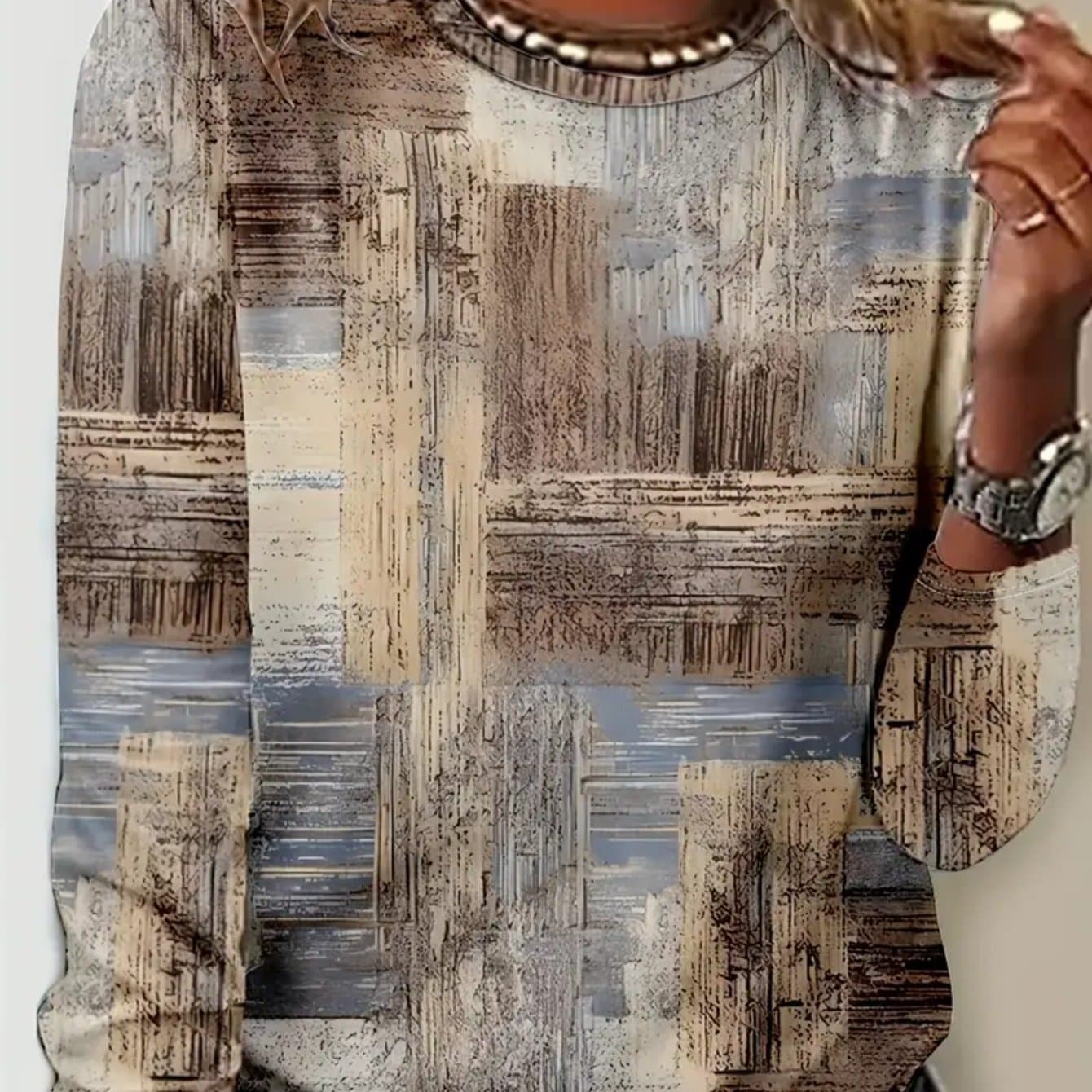 TEMU Women's Ethnic Print Long Sleeve Casual T-shirt - Soft Medium Stretch Fabric, Round Neck, Relaxed Fit, Comfortable Wear - Perfect For Daily Life, Work, Or Leisure