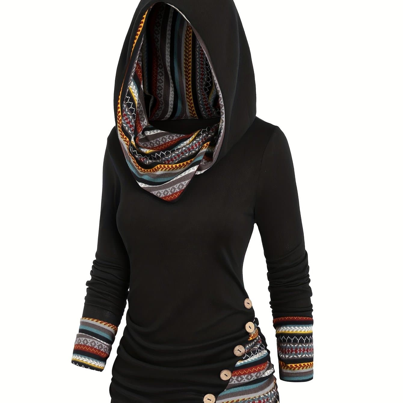 TEMU Women's Stylish Printed Hoodie With Long Sleeves, Striped , And Button Details