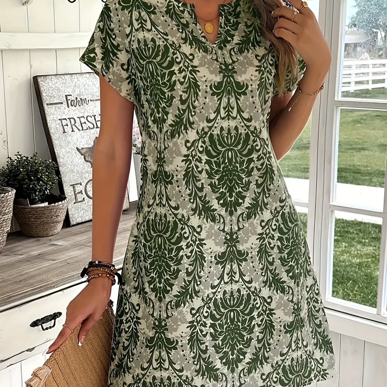 TEMU Cat Doo Women's Elegant V-neck A-line Dress - Floral Print Short Sleeve Midi Dress, Regular Fit H-silhouette For Casual & Semi-formal Occasions, Intricate