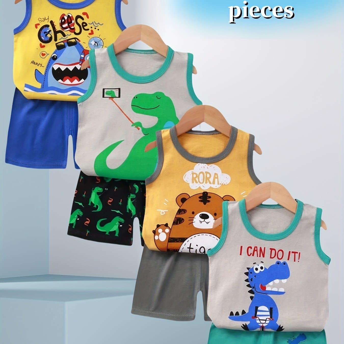 TEMU 4 Sets Of 8pcs, Boy Cartoon Tiger Dinosaur , Vest Shorts Suit, , Soft, Breathable, Suitable For Summer Outdoor Sports, To Give The Most Comfortable Experience, For Outdoor