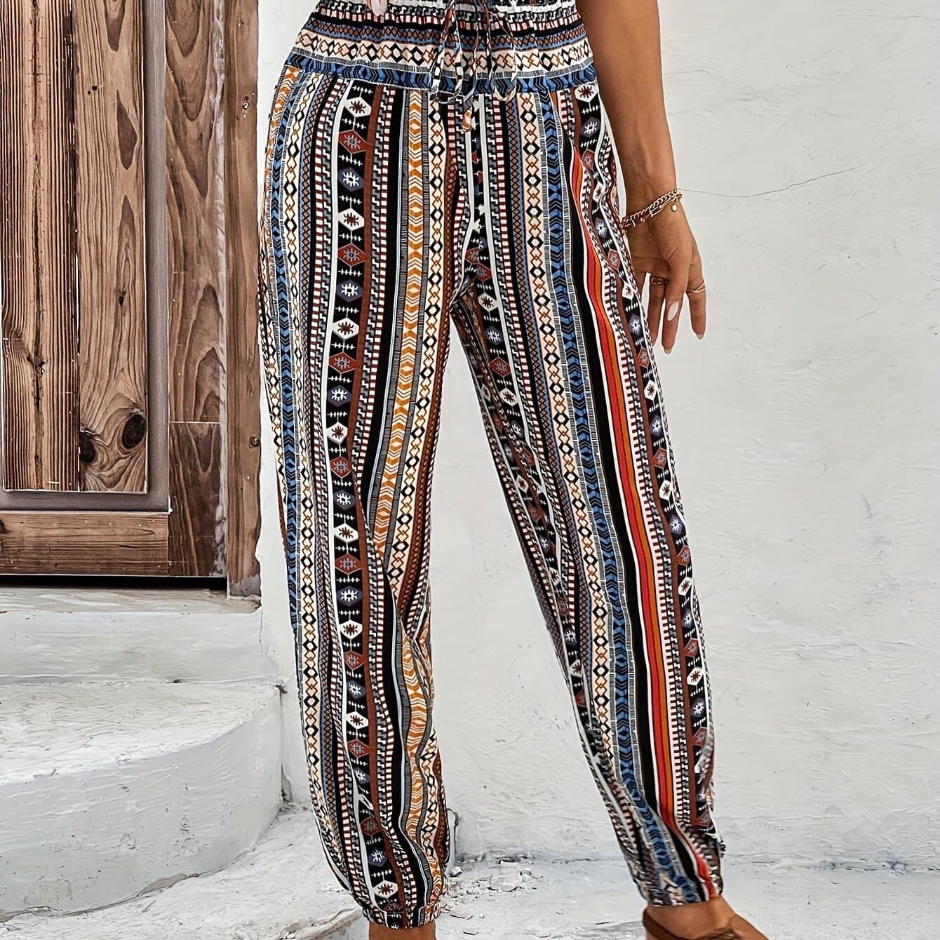 TEMU Tribal Print Drawstring Jogger Pants, Vacation High Waist Jogger Pants For , Women's Clothing
