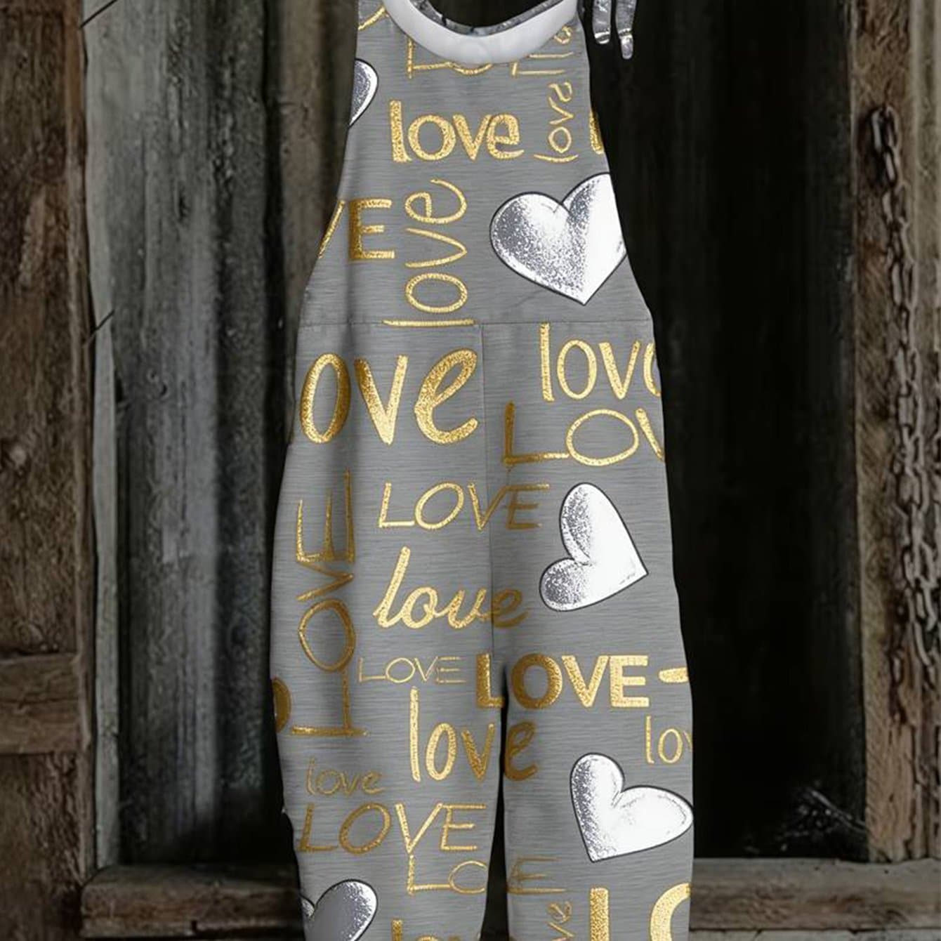 TEMU Plus Size - Plus Size - Plus-size Women's Grey Letter And Heart Print Overalls, Casual And Stylish Loose-fitting Trousers, Trendy New Korean Style For Summer