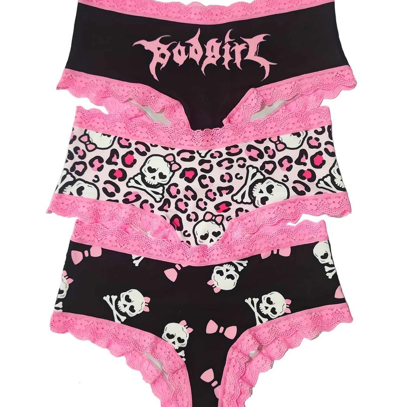 TEMU Women's Pink Lace Trim Bikini Panty Set With Leopard Print Base, Skull Letter Print, And 3pcs Pack
