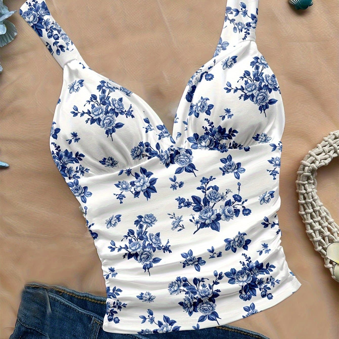 TEMU Women's Spring/summer New Beach Casual Floral Slim Fit Bustier Halter Top