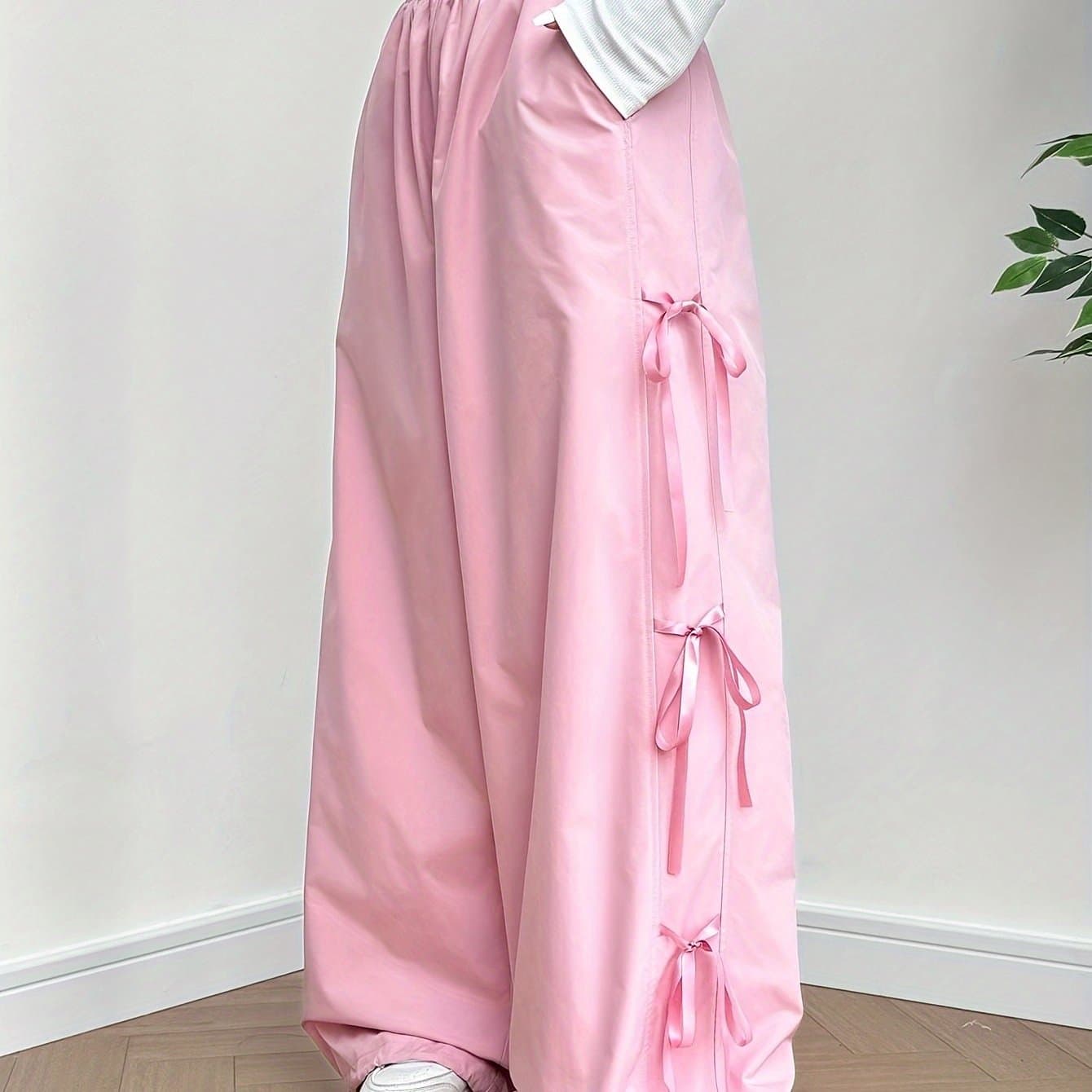 TEMU Elastic Waist, Suitable For Spring, Summer And Autumn, Side Bowknot Wide-leg Pants