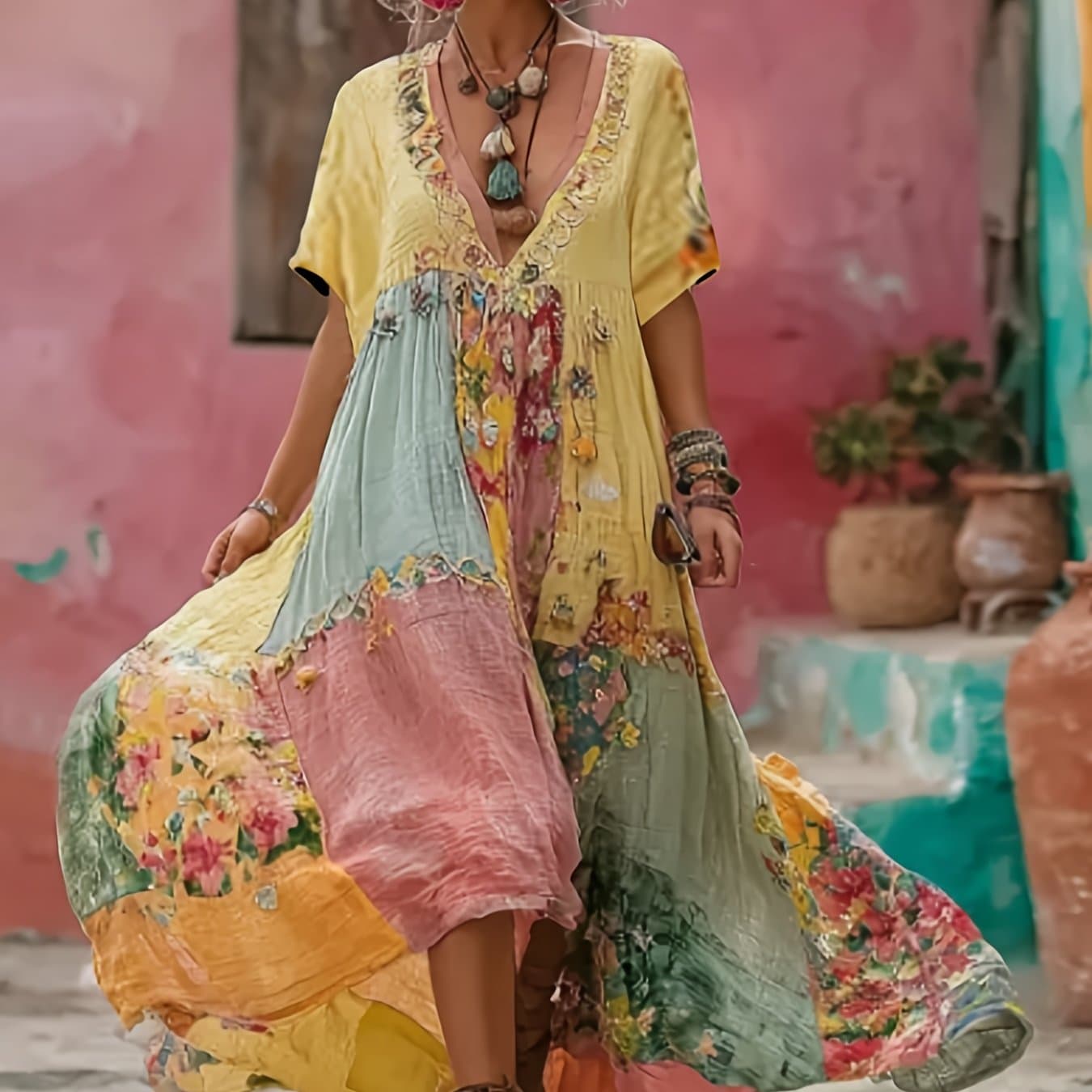 TEMU Women's Bohemian V-neck Maxi Dress, Color-block Floral All-& Retro 2d Pattern, Loose A-line Short-sleeve Dress, Vacation Casual Fashion Long Dress, Bohemian Style