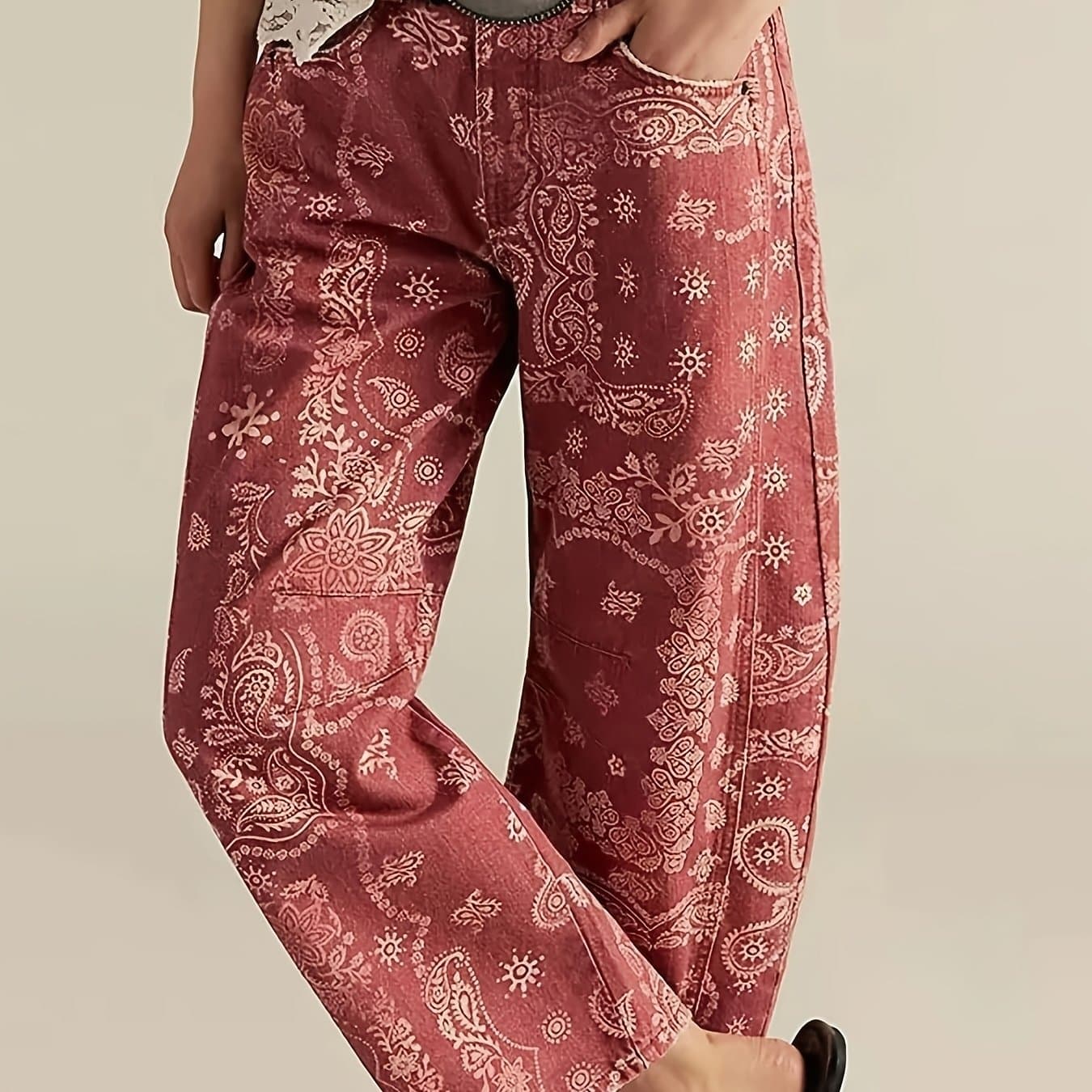 TEMU Vintage Bohemian Wide-leg Trousers With A Paisley Pattern, Featuring A High Waist And A Relaxed Fit, Perfect For Casual Streetwear And With Pockets