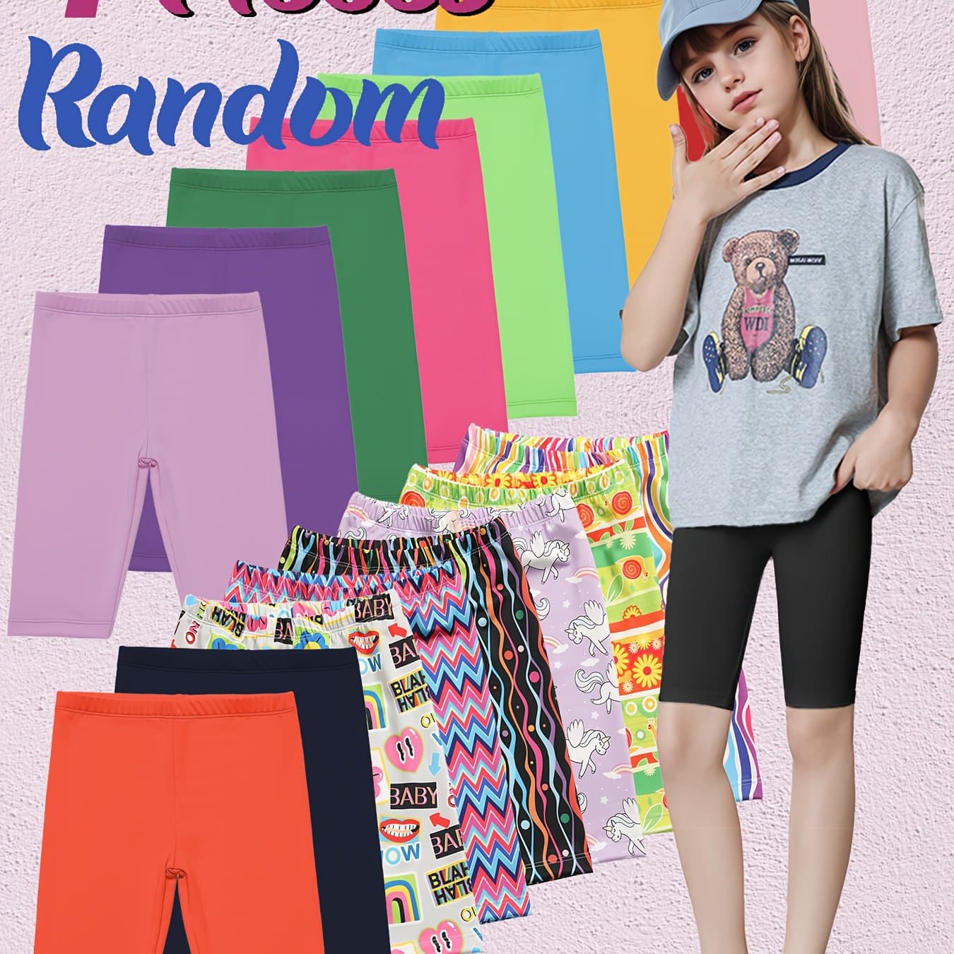 TEMU Random 7pcs Comfy Stretchy Girls' Casual Fashion Shorts | Mid-thigh Length With Elastic Waistband - Solid Colors & Floral Patterns - Perfect For Summer