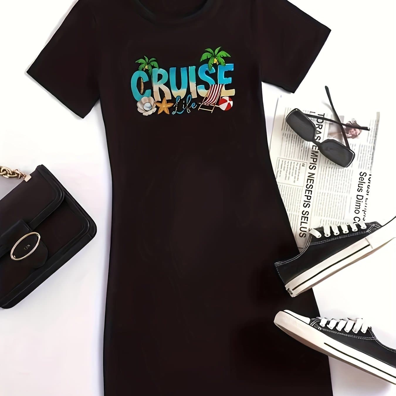 TEMU Graphic Print Tee Dress, Casual Crew Neck Short Sleeve Dress, Women's Clothing