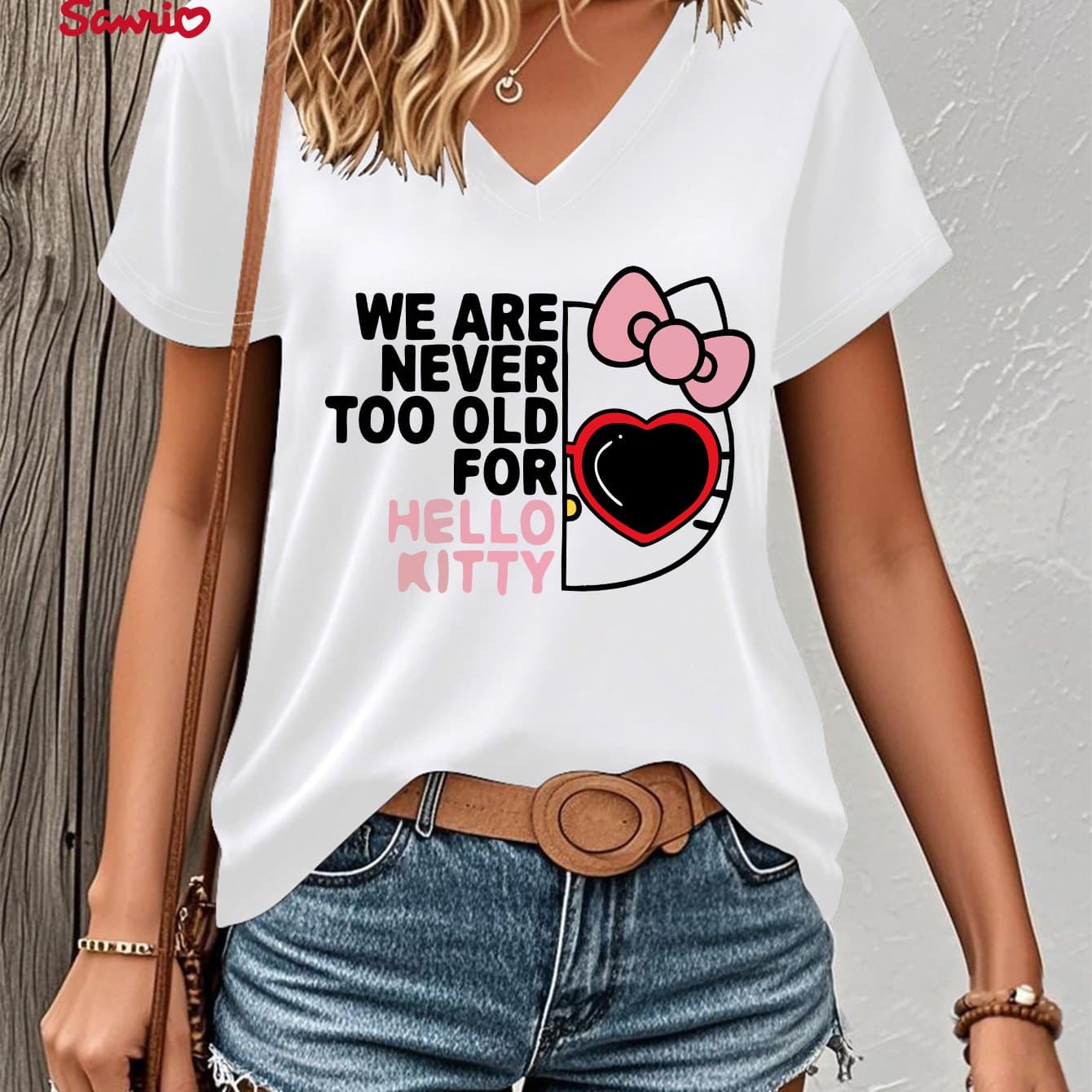 TEMU Women's Summer Casual T-shirt, Hello Kitty, Short Sleeve V-neck Top, Lightweight Breathable Fabric, Machine Washable, Suitable For Fashion Casual Wear