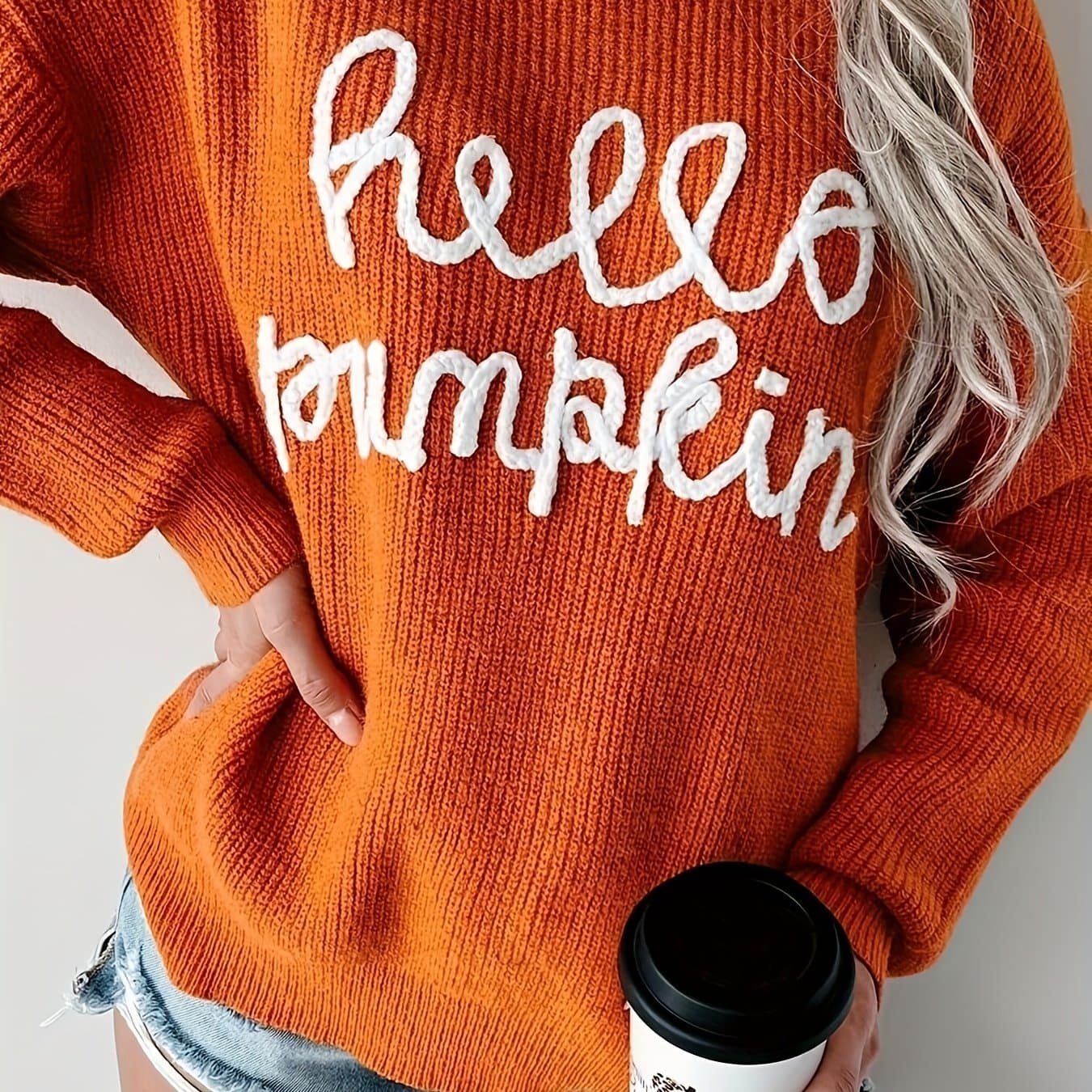 TEMU Women' Elegant Letter Jacquard Sweater - Loose Fit Crewneck Sweater Suitable For Fall/winter, Non- Warm Pullover Top With Lettering, Casual Blouse For Office & Casual Attire, Brand Line
