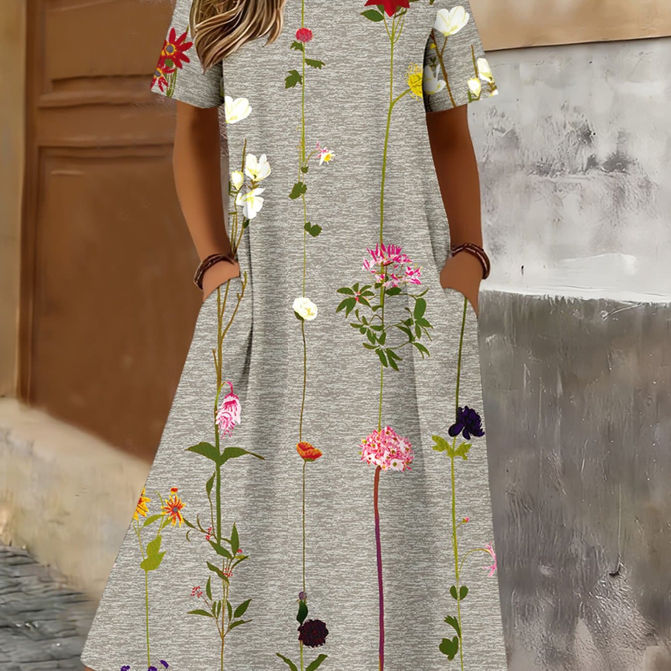 TEMU 2026 Summer New Arrival Women's Fashion Casual Printed Crew Neck Short Sleeve Dress | Elegant Long Length Flared Hem, Regular Fit, All