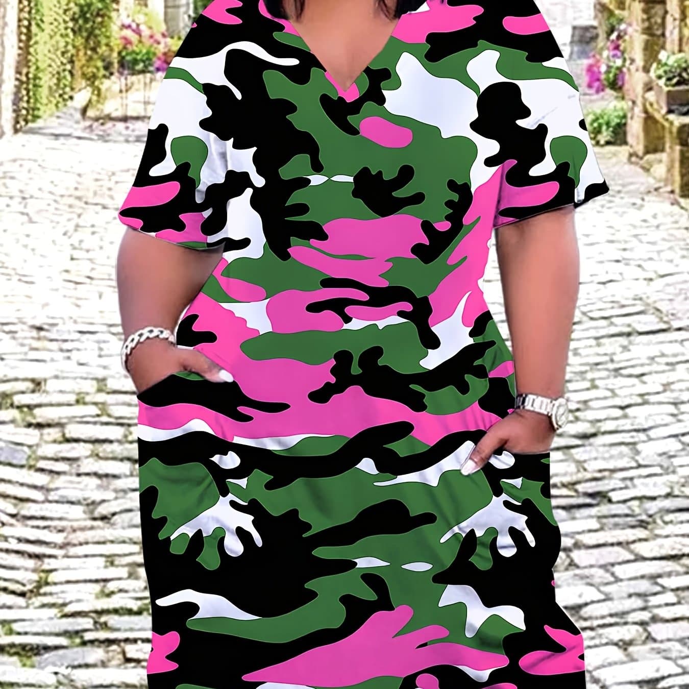 TEMU Camouflage Print Style Suitable For Casual And Sports Wear Women's Plus Size Casual Dress Pink Green Black White Pattern Summer Outdoor Activities Gift For Her