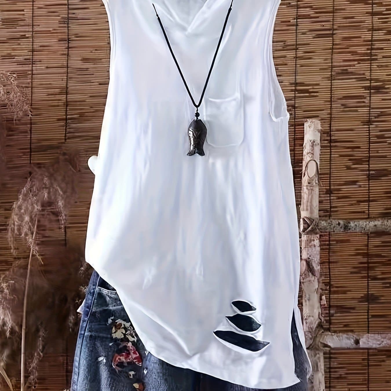 TEMU Mid-length Layered Curtain Hooded Slim Fit Loose Inner Wear Ripped Sleeveless Slim Women's Vest T-shirt Casual Comfortable Versatile Vacation Party Beach Top
