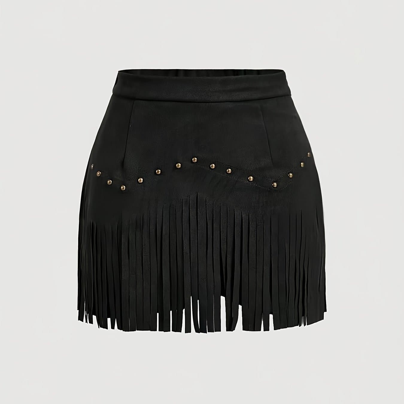TEMU Women's Vintage Hippie Studded Tassel Brown A-line Skirt