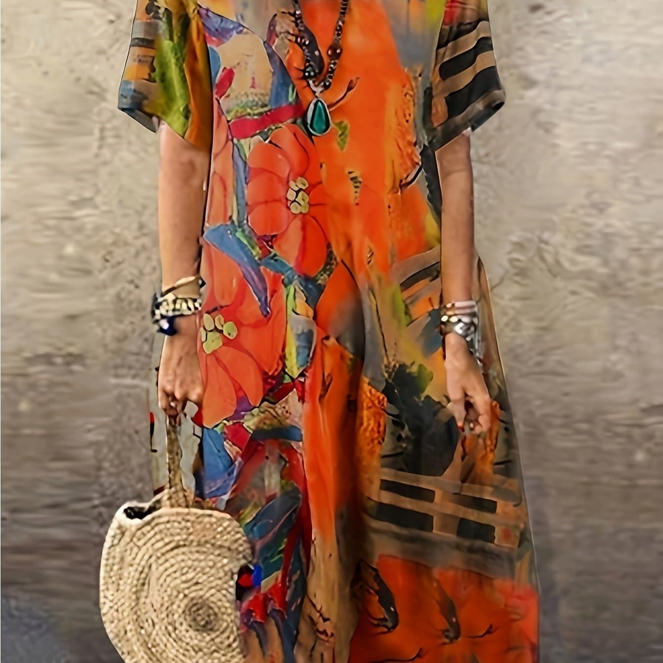TEMU Women's Soft Midi-length Dress - Ethnic Print Short Sleeve Round Neck Blouse-compatible Suitable For Casual & Semi-formal Wear, Machine Washable Polyester Dress For - Layering ()