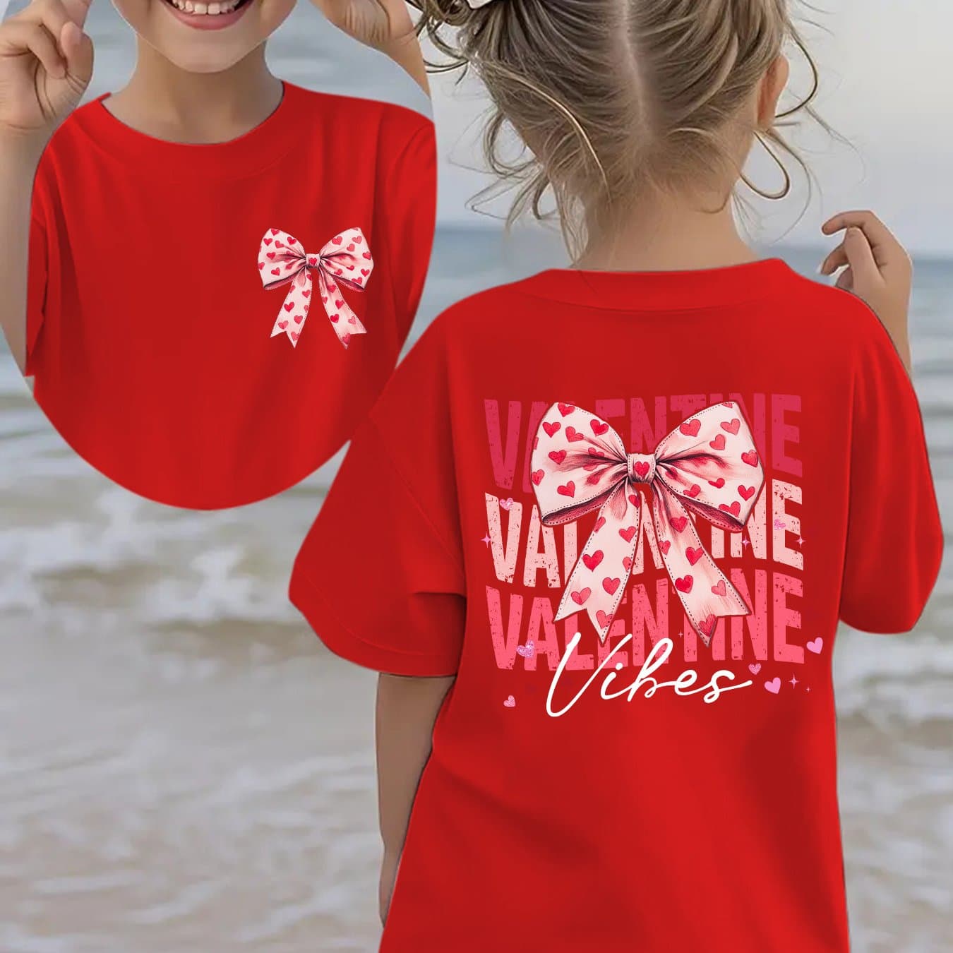 TEMU Valentine's Day" Summer Fashion Girls' Short Sleeve T-shirt "valentine Vibes" Bow Letter Cartoon Print Double-sided Casual Versatile Top Ny-dx7387