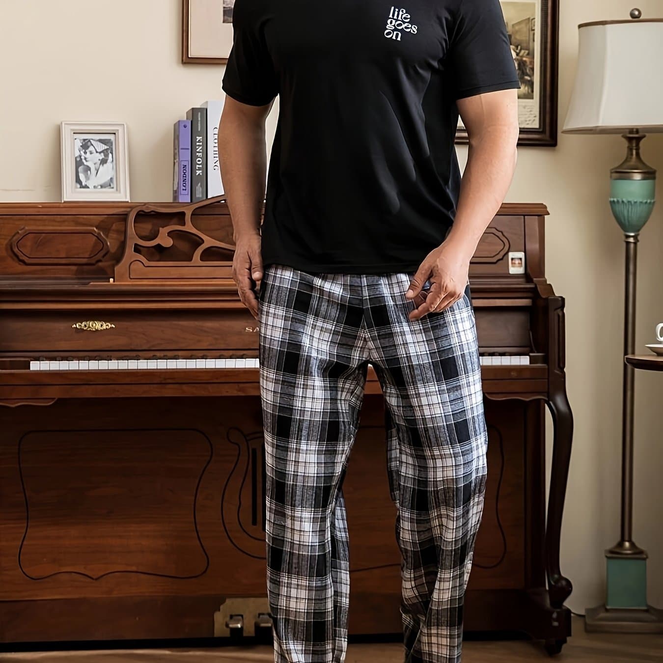 TEMU Men's Pajamas Comfortable Casual Soft Loose Letter Print Pattern Short Sleeve Top And Long Pants 2pcs Set Outfit
