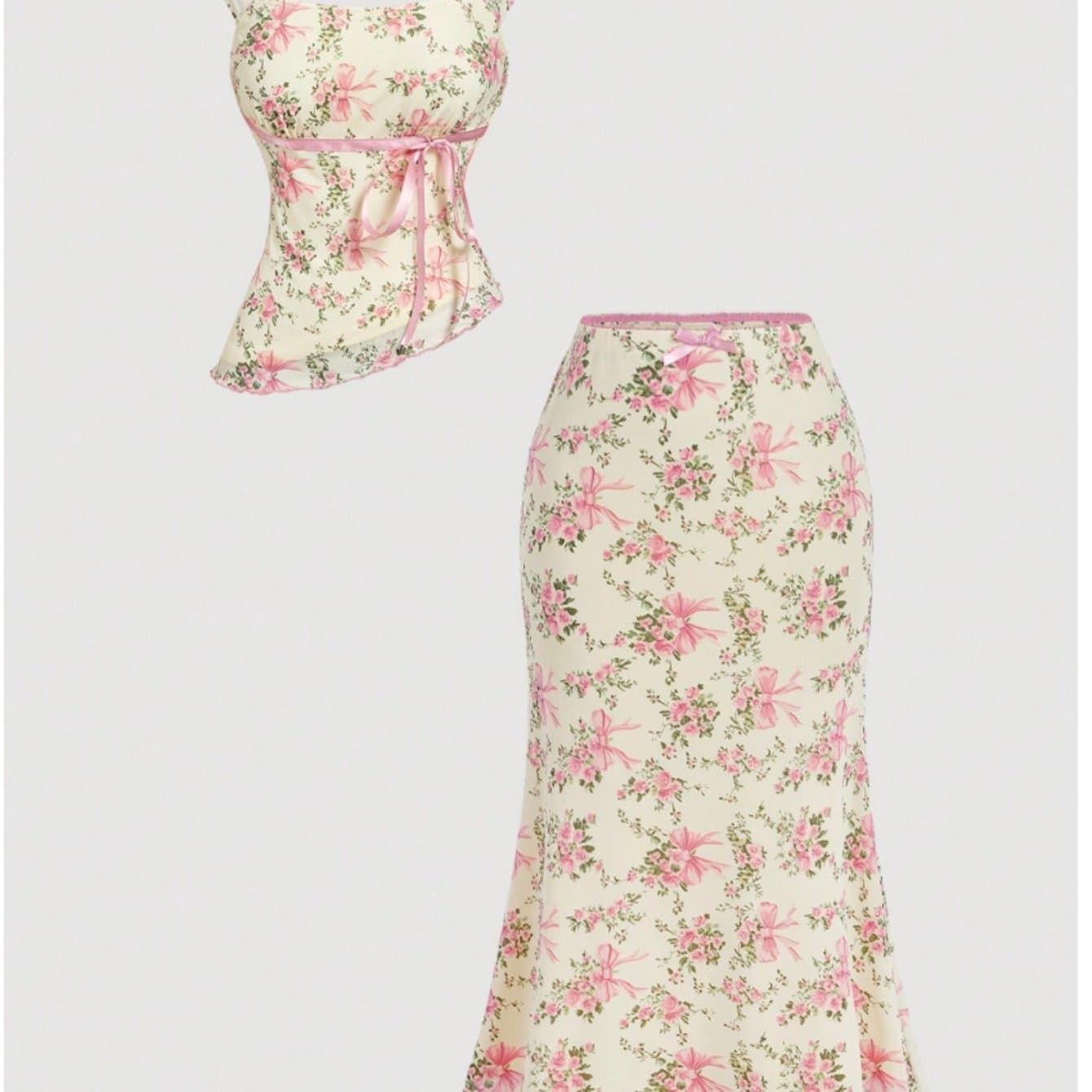 TEMU 2pcs Women' Neck Sleeveless Top And High-waist Maxi Skirt Set Spring/summer Style | Floral Print And Tie Trim Mermaid , Gentle Vibe Ideal For Dates And Semi-formal Occasions