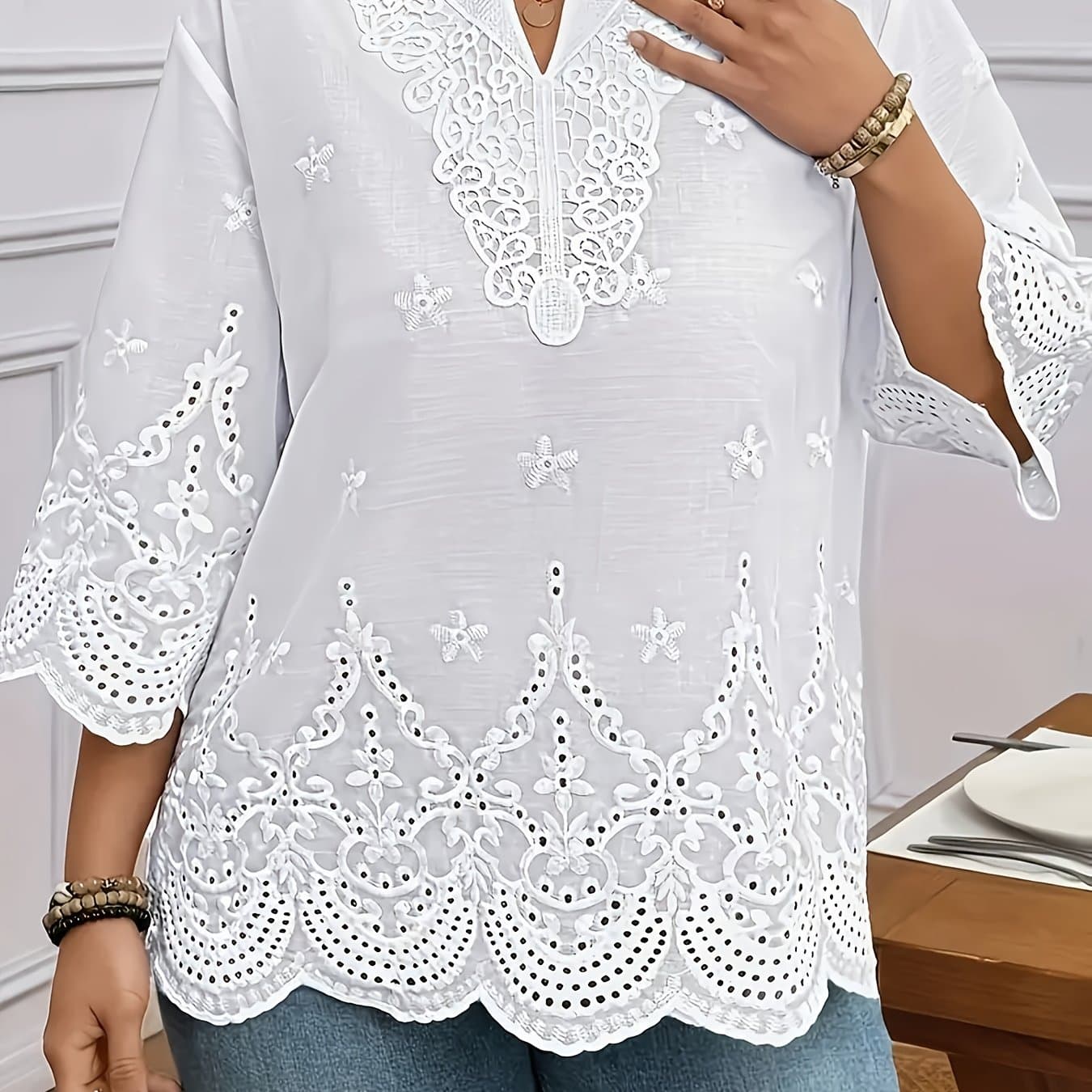 TEMU Elegant V-neck Shirt With Floral Lace Texture | Formal And Casual Wear, Suitable For Spring/summer/fall