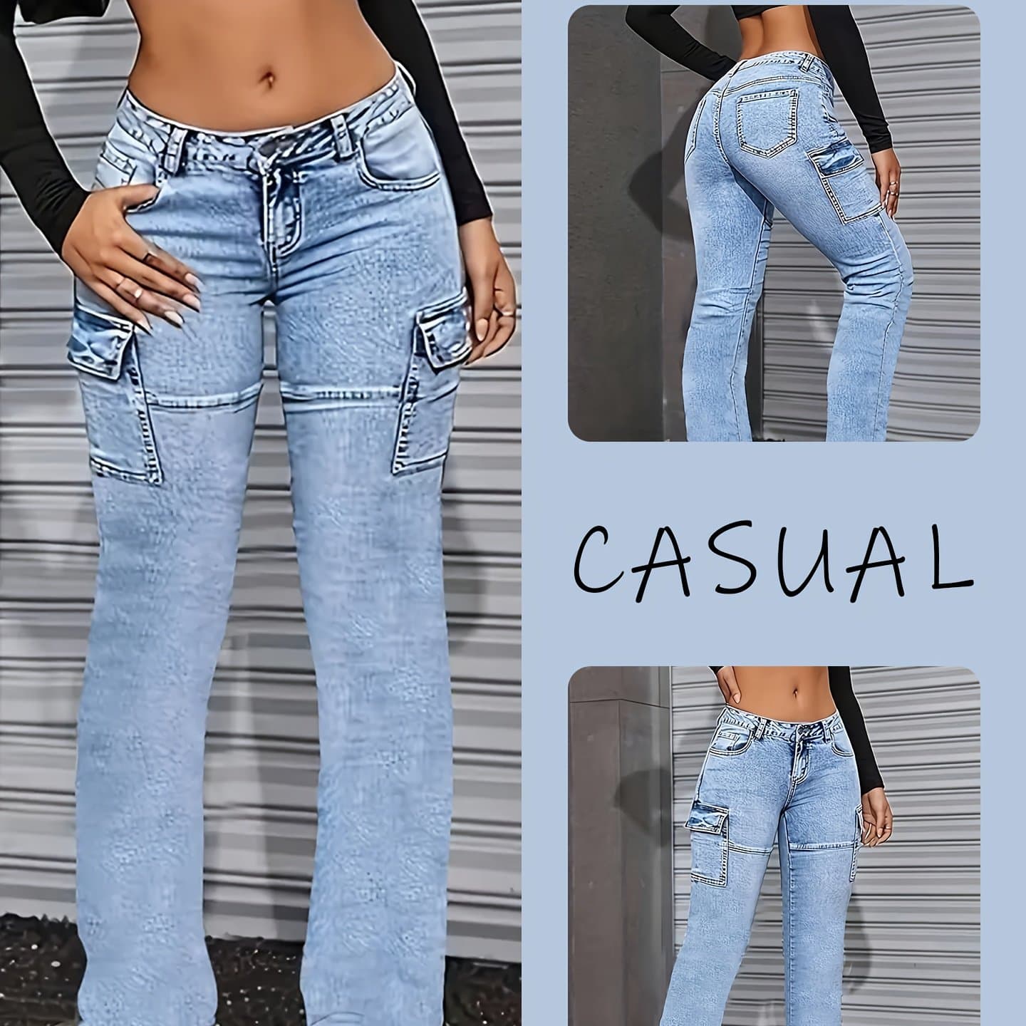 TEMU Women' -fit Stretch Denim Jeans - Casual Machine Washable Pants With Pockets, Solid Color & Non-see-through Fabric, Pocketed Trousers, Medium