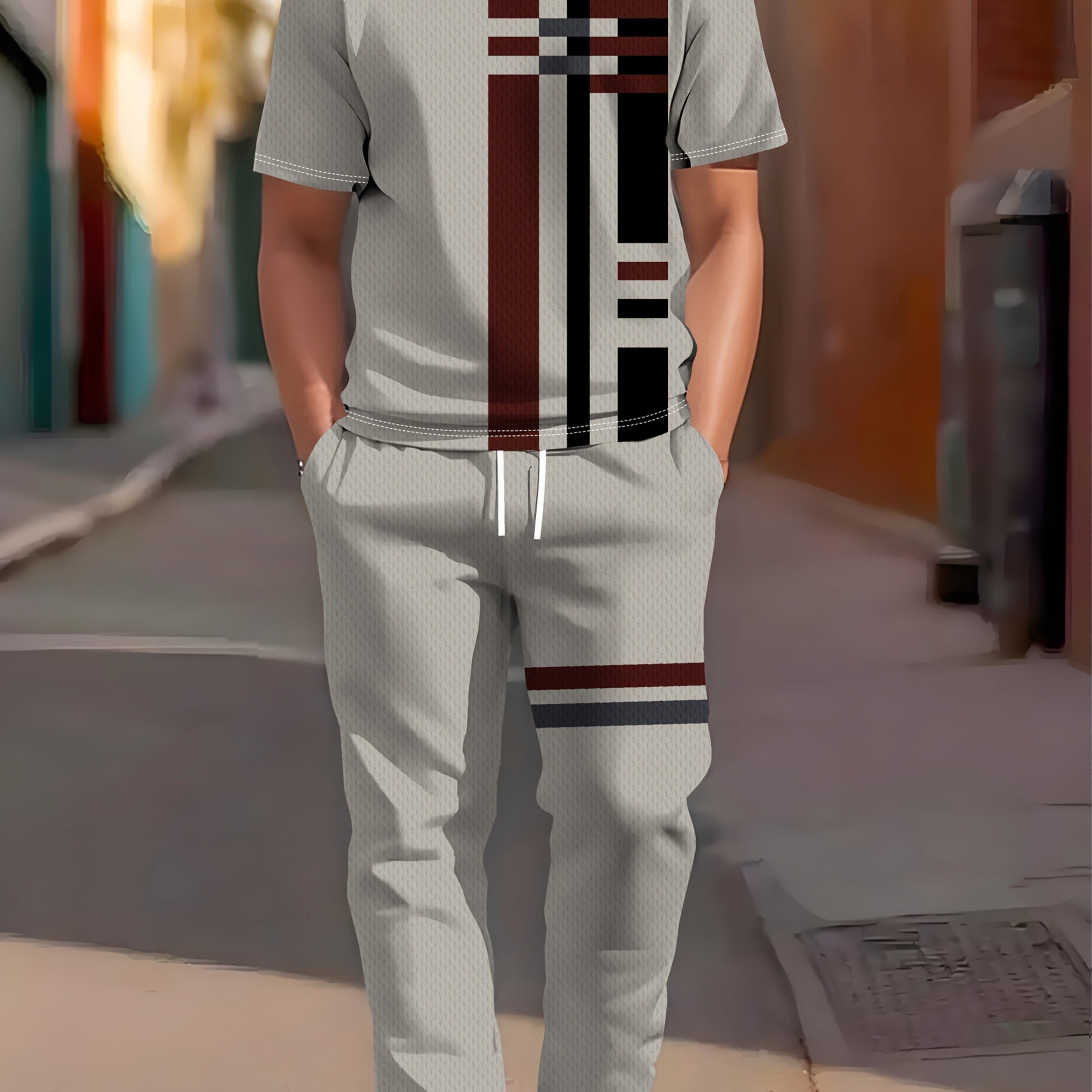 TEMU 2025 New Striped : European And Style Loose Casual Short Sleeve T-shirt And Long Pants Two-piece Set, Summer And Autumn Must-have!