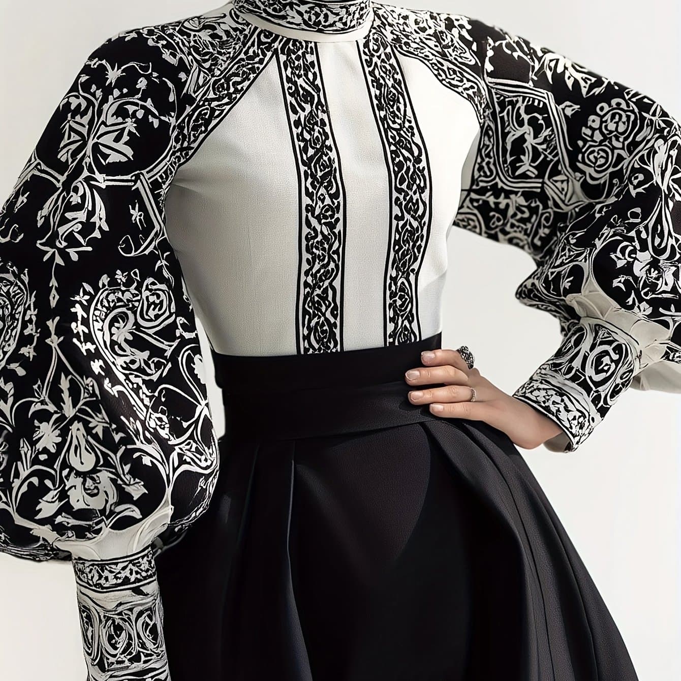 TEMU Urban Random Print Printing Turtleneck Balloon Sleeve Blouse
