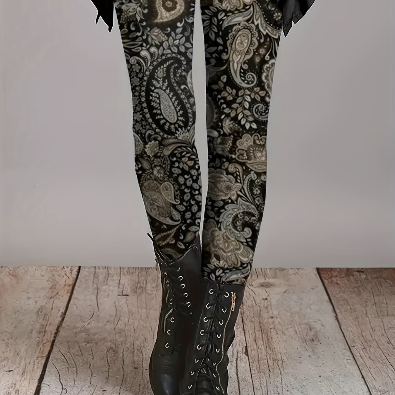 TEMU Tailored High-waisted Stretchy Leggings With A Fashionable Western Print For Vacation Wear