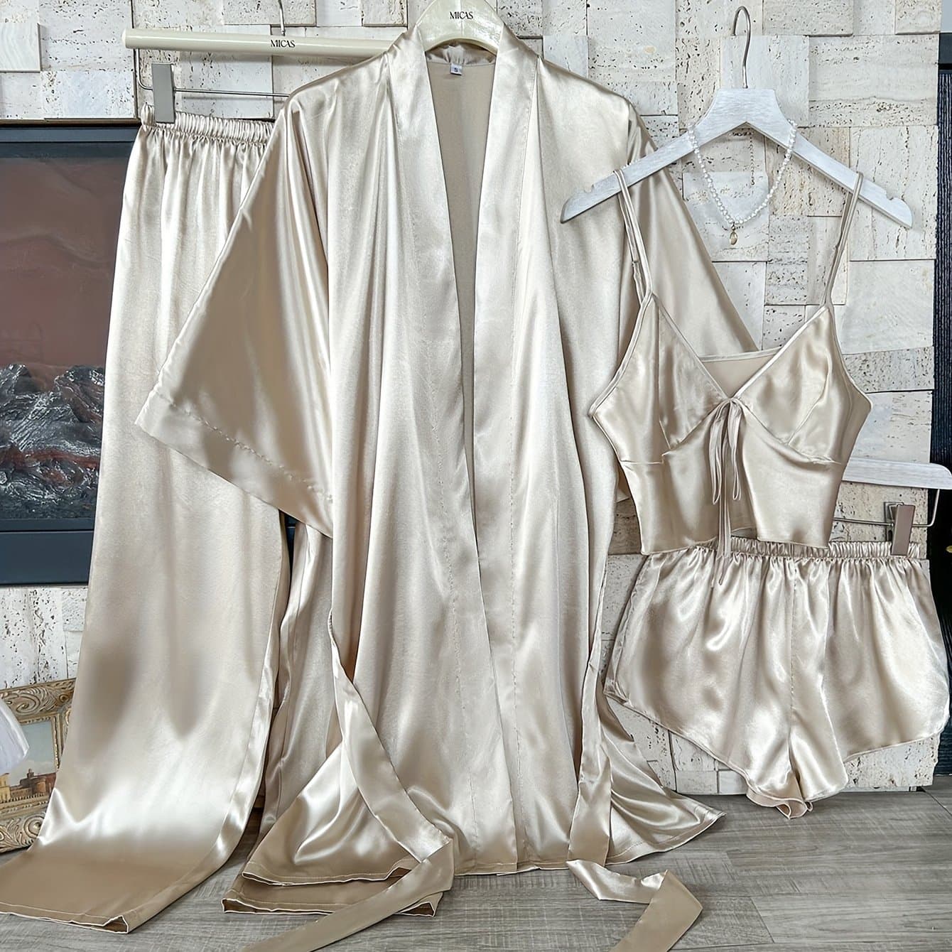 TEMU Women's Autumn And Winter Sleepwear Set Featuring A Comfortable And Sexy Mini Camisole, Shorts, And Long Pants.