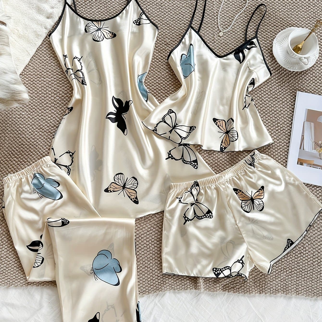 TEMU 4pcs Women' Pajama Set - V-neck Camisole Top & Shorts With Long Pants, Casual Sleepwear, Light &