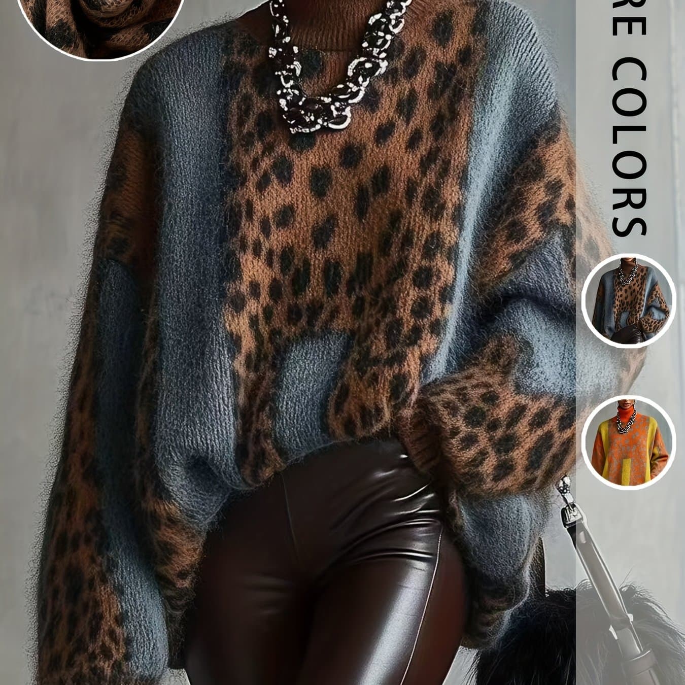 TEMU Vintage-style Leopard -block High-neck Loose-fit Soft Long-sleeve Sweater For Women,