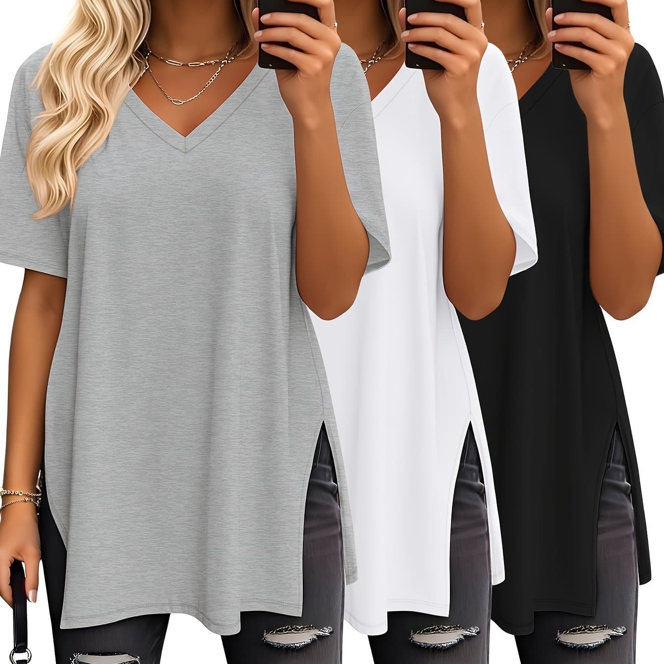 TEMU Three-piece Oversized Women's Top, V-neck Shirt, Fashion Side Slit Loose Short Sleeve T-shirt