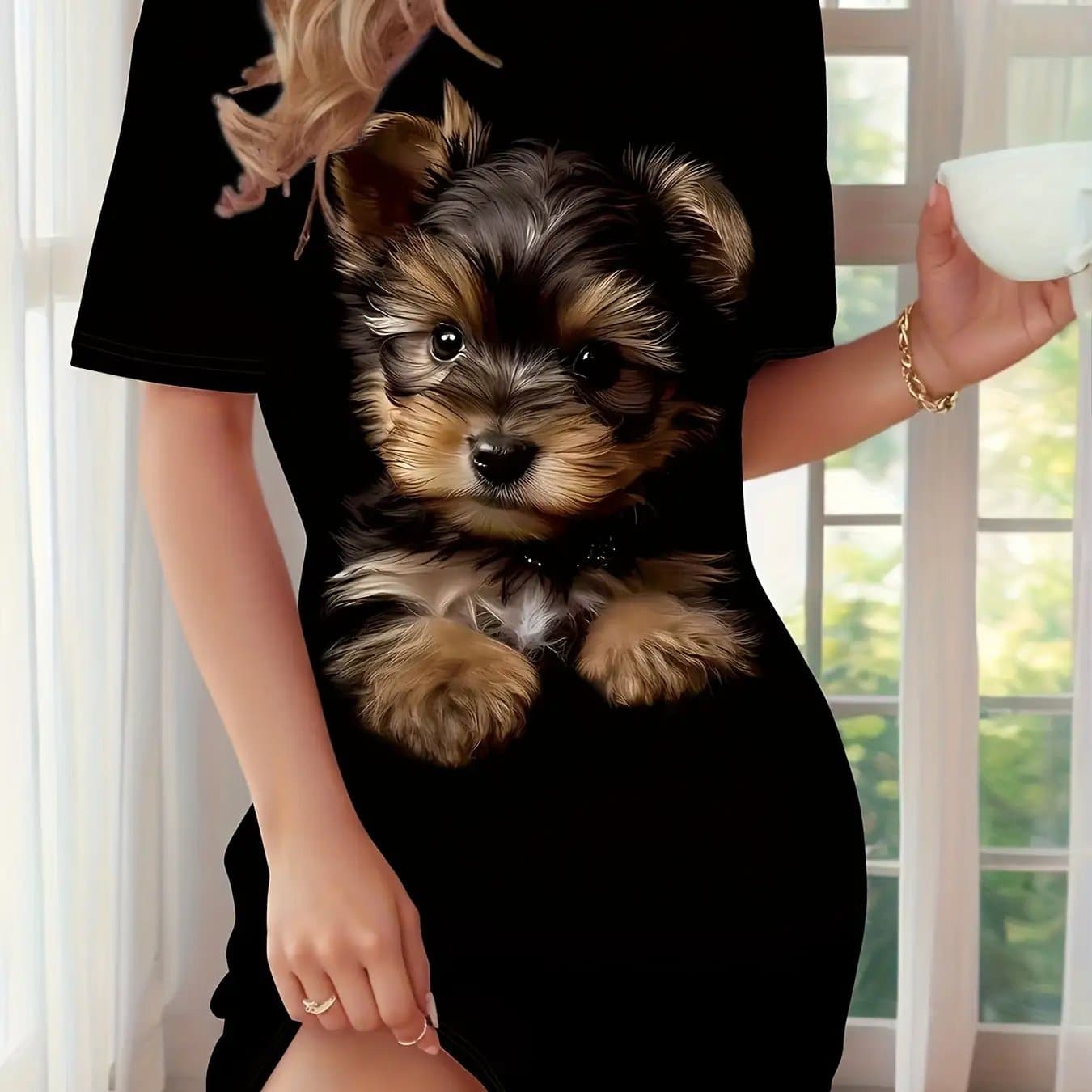 TEMU Casual Short-sleeved Round Neck Nightdress For Women Featuring An Adorable Yorkshire Terrier Design, Suitable For All , Machine Washable, And An Ideal Holiday Present For Dog Enthusiasts