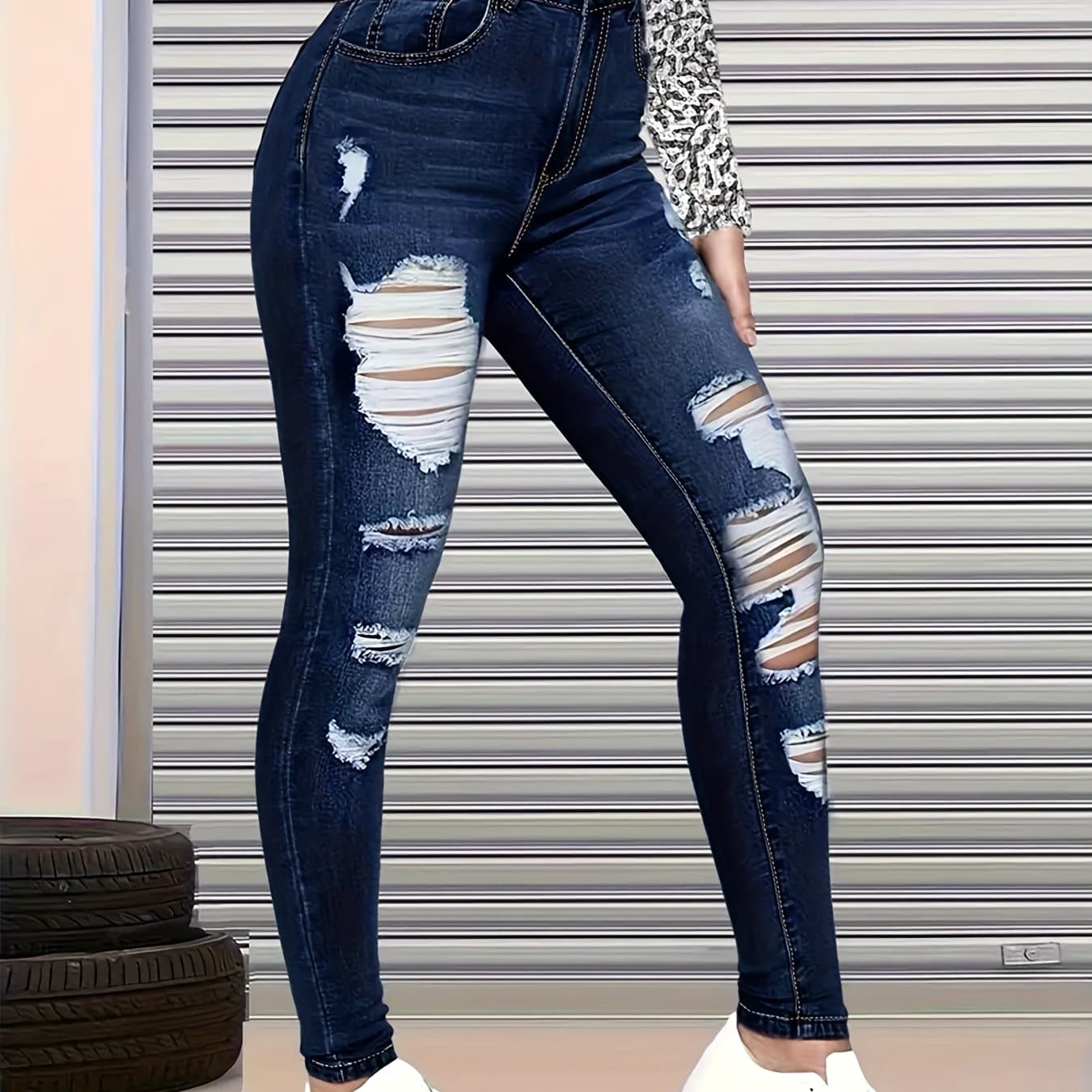TEMU Women's High Waist Dark Blue Ripped Skinny Jeans, Stretch Denim, Frayed Slim Fit, Casual Daily Streetwear