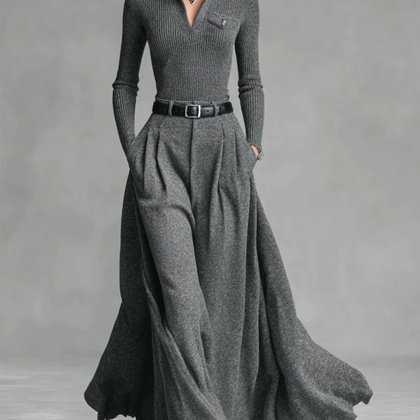 TEMU 2pcs Set: Women's Grey Ribbed Top + Draped Wide-leg Long Skirt Set | Relaxed & Luxurious Vibe, Ideal For Citywalk, Casual , , Styling