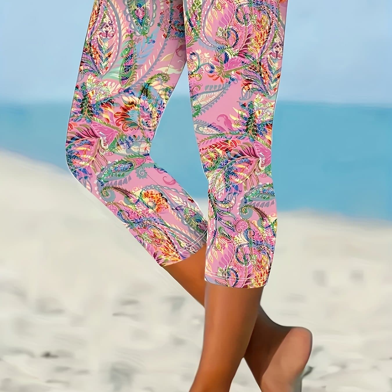 TEMU Fashionable Printed Stretch Capri Pants, Perfect For A Trendy . Capri Pants Leggings