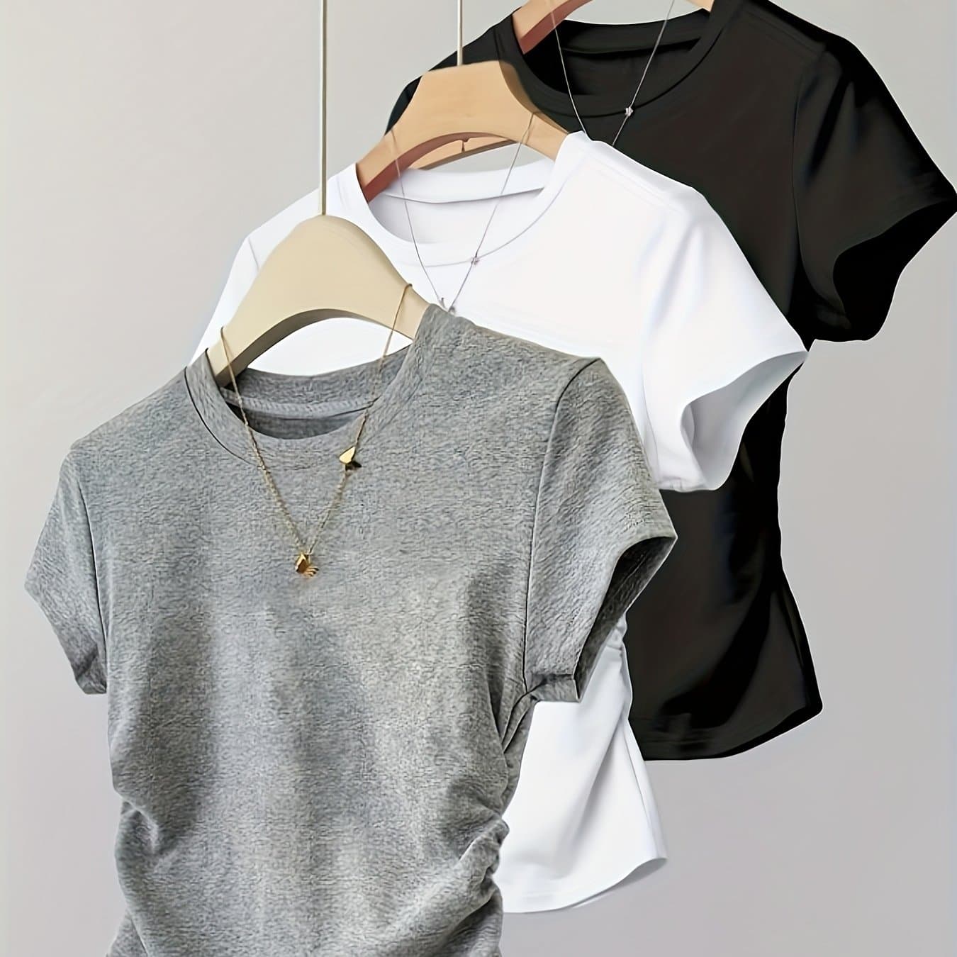 TEMU 3pcs Women's Casual T-shirt Set, Soft Round Neck Side Ruched Waist Short Sleeve Top