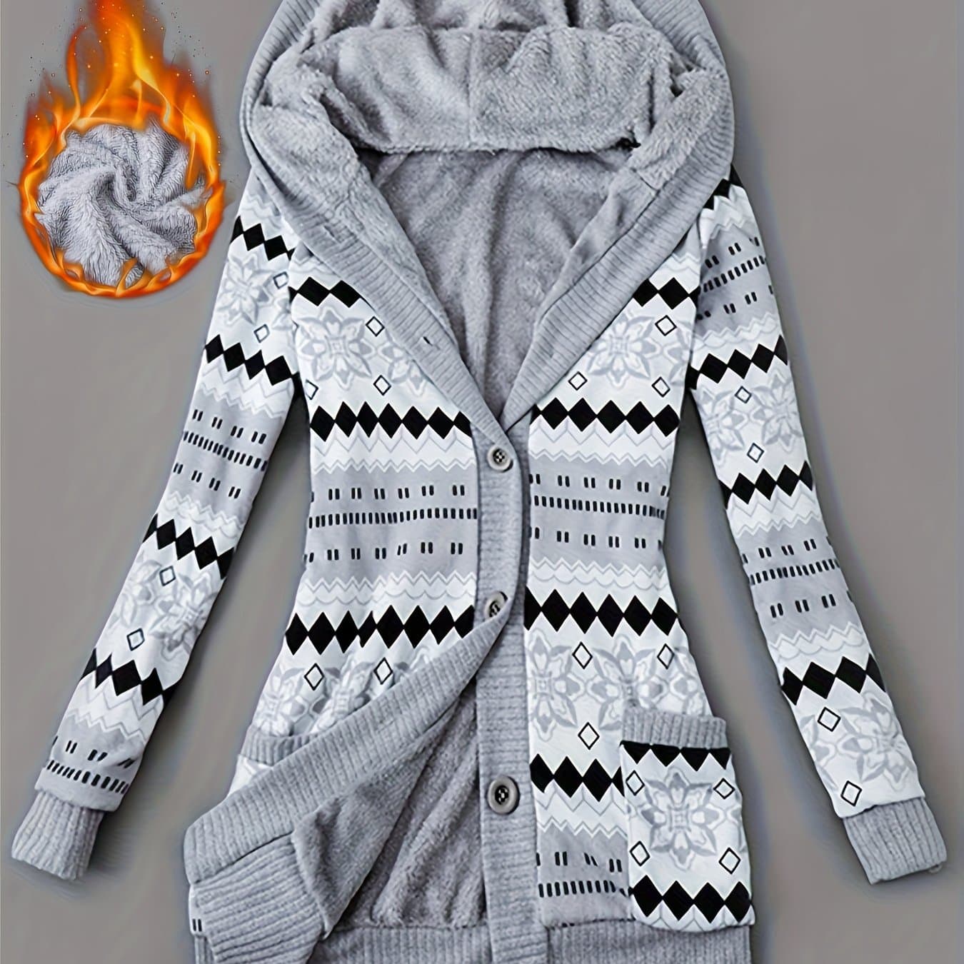 TEMU Autumn And Winter European And American New Elegant Mid-length Fleece-lined Hooded Sweater Cardigan Coat Casual Warm Printed Women's Cardigan